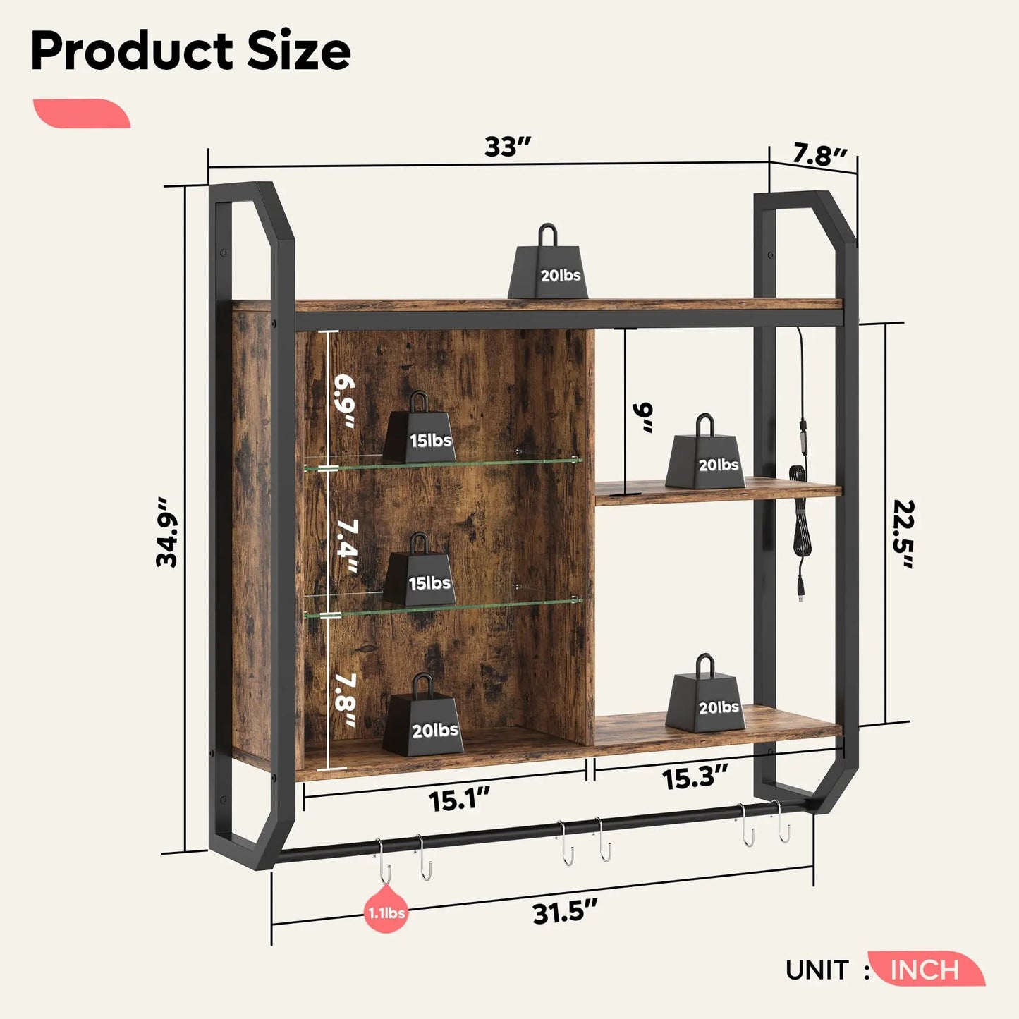 Bestier Gaming Floating Shelves, 34" LED Wall Mounted Shelf with Adjustable Glass Shelf, Pipe Shelves Hanging Display Rack Bookshelf with 6 S - Hook, Gaming Room Decor Wine Coffee Bar Black - Gapo Goods -
