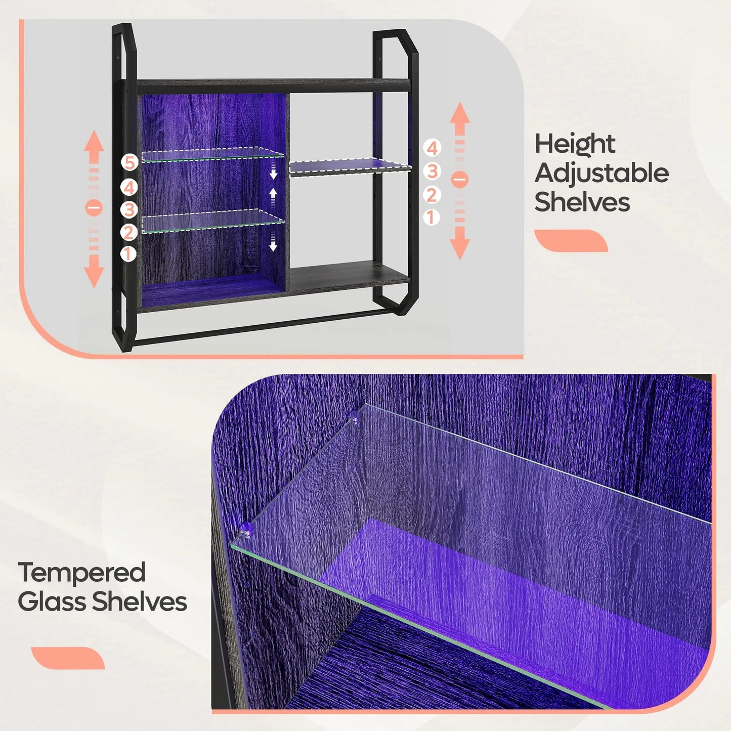 Bestier Gaming Floating Shelves, 34" LED Wall Mounted Shelf with Adjustable Glass Shelf, Pipe Shelves Hanging Display Rack Bookshelf with 6 S - Hook, Gaming Room Decor Wine Coffee Bar Black - Gapo Goods -