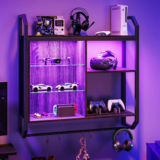 Bestier Gaming Floating Shelves, 34" LED Wall Mounted Shelf with Adjustable Glass Shelf, Pipe Shelves Hanging Display Rack Bookshelf with 6 S-Hook, Gaming Room Decor Wine Coffee Bar Black Black