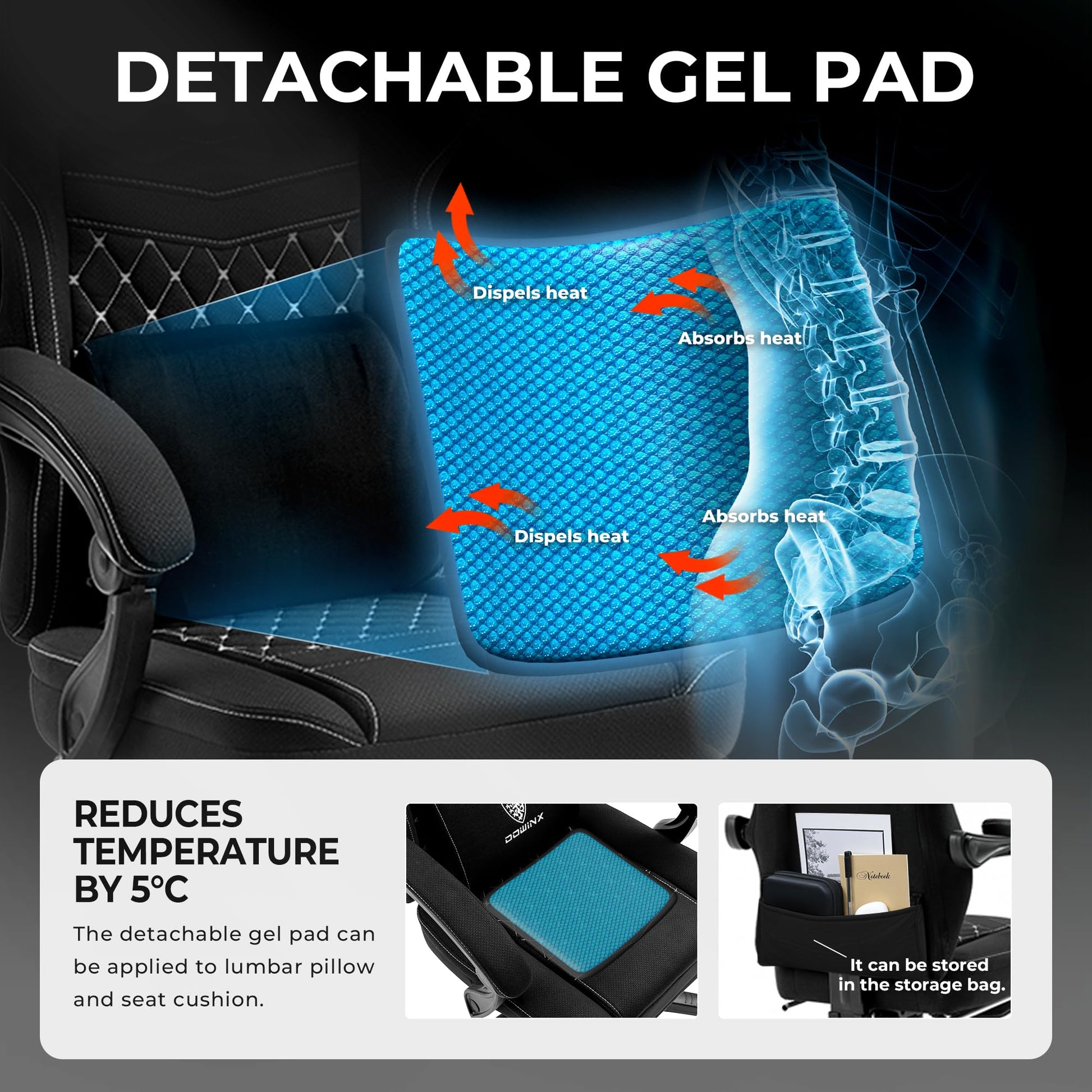 Gaming Chair Breathable Fabric - Ergonomic Seat with Lumbar Support & Massage Gel Pad Gaming Accessories