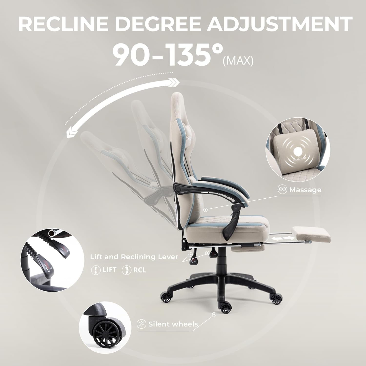 Gaming Chair Breathable Fabric - Ergonomic Seat with Lumbar Support & Massage Gel Pad Gaming Accessories