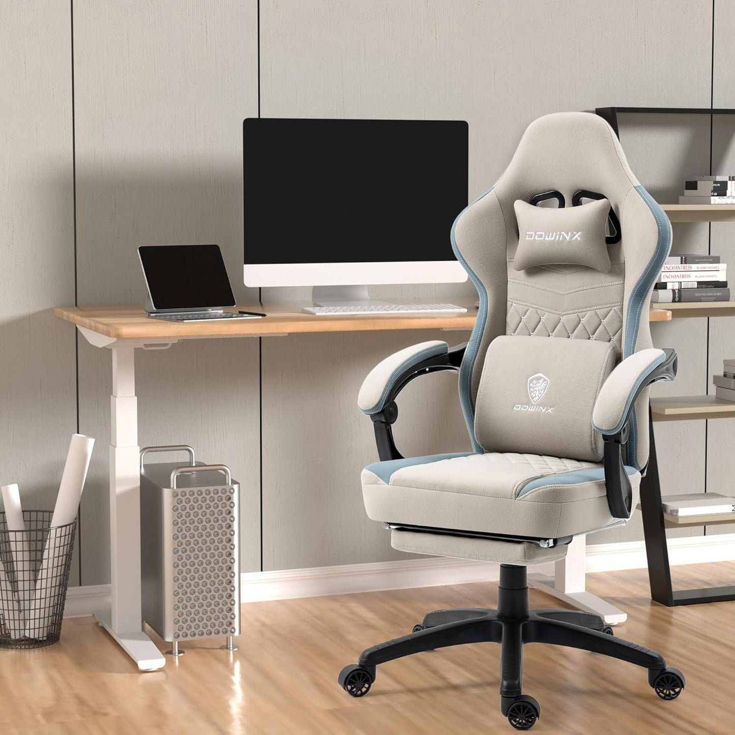 Dowinx Gaming Chair Breathable Fabric Computer Chair with Pocket Spring Cushion, Comfortable Office Chair with Gel Pad and Storage Bag,Massage Game Chair with Footrest,Green - Gapo Goods -