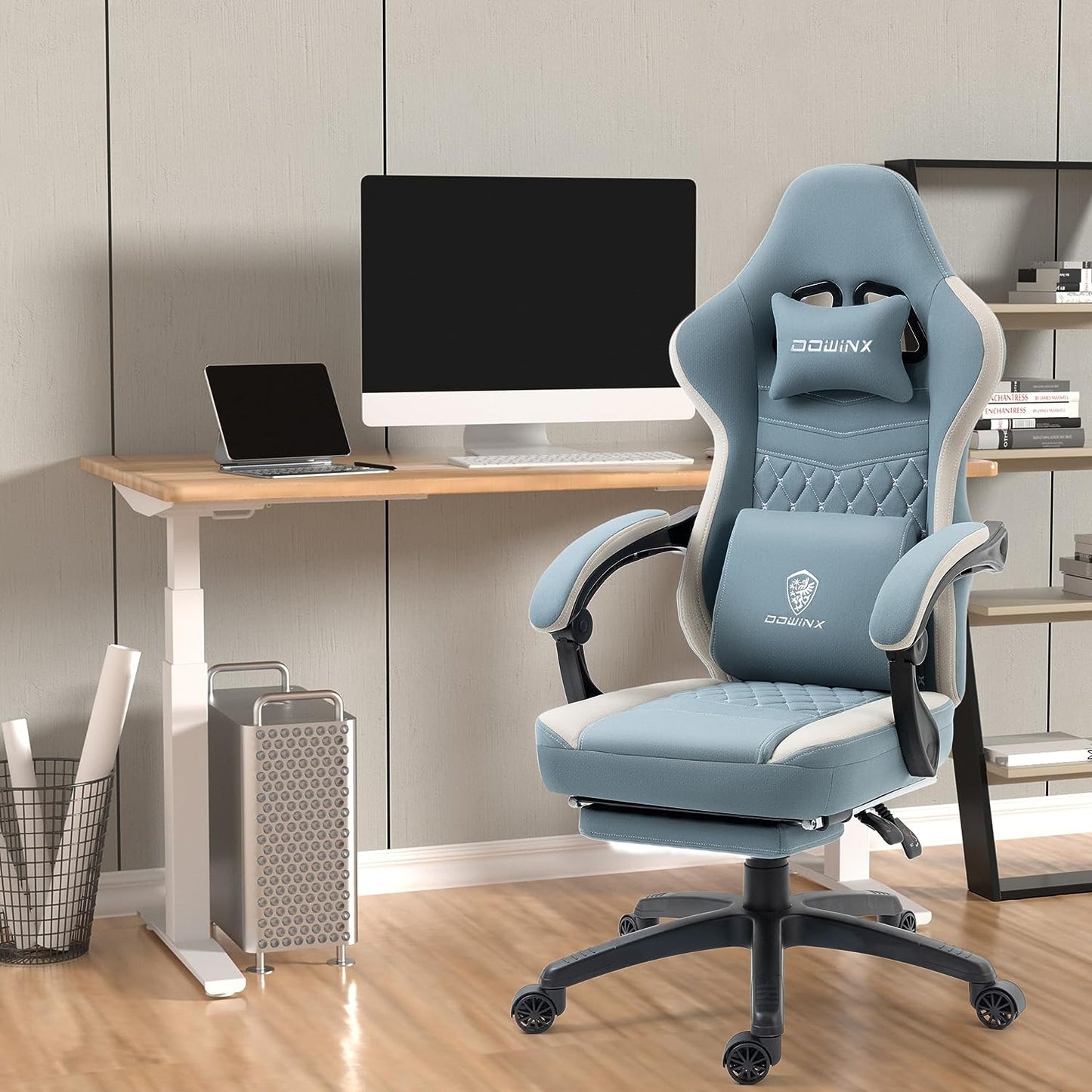 Dowinx Gaming Chair Breathable Fabric Computer Chair with Pocket Spring Cushion, Comfortable Office Chair with Gel Pad and Storage Bag,Massage Game Chair with Footrest,Green - Gapo Goods -