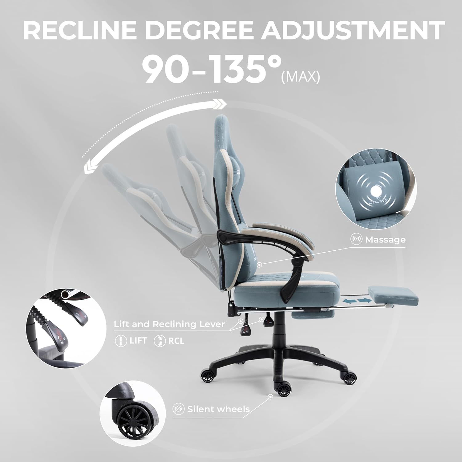 Gaming Chair Breathable Fabric - Ergonomic Seat with Lumbar Support & Massage Gel Pad Gaming Accessories