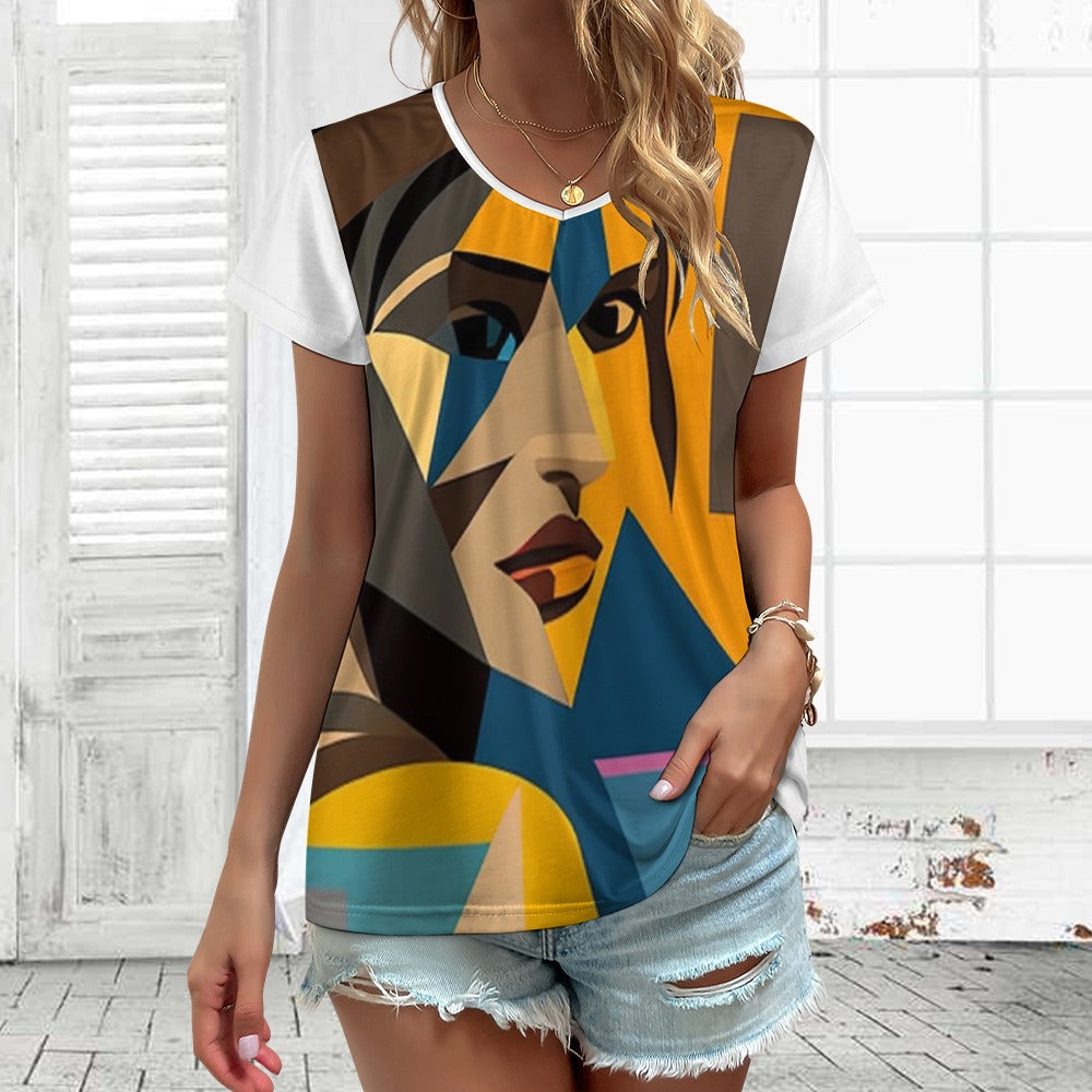 Exclusive GG design Lara Croft Inspired V-Neck T-Shirt in Picasso Style for Women