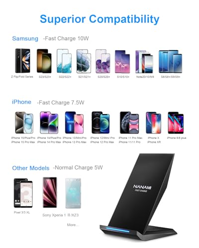 Fast Wireless Charger,NANAMI Qi Certified Wireless Charging Stand Compatible iPhone 15/15 Pro/15 Plus/15 Pro Max/14/14 Pro/13/12,Samsung Galaxy S24/S23/S22/S21/S20/Note 20 Ultra and Qi - Enabled Phone - Gapo Goods - Computer PC Gaming Accessories