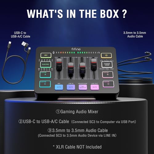 FIFINE Gaming Audio Mixer, Streaming RGB PC Mixer with XLR Microphone Interface, Individual Control, Volume Fader, Mute Button, 48V Phantom Power, for Podcast/Recording/Vocal/Game Voice - AmpliGame SC3 - Gapo Goods -