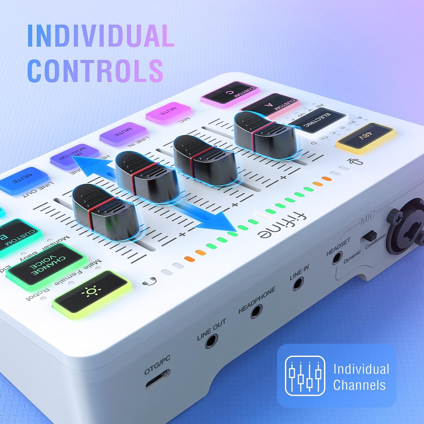 FIFINE Gaming Audio Mixer, Streaming RGB PC Mixer with XLR Microphone Interface, Individual Control, Volume Fader, Mute Button, 48V Phantom Power, for Podcast/Recording/Vocal/Game Voice - AmpliGame SC3 - Gapo Goods -