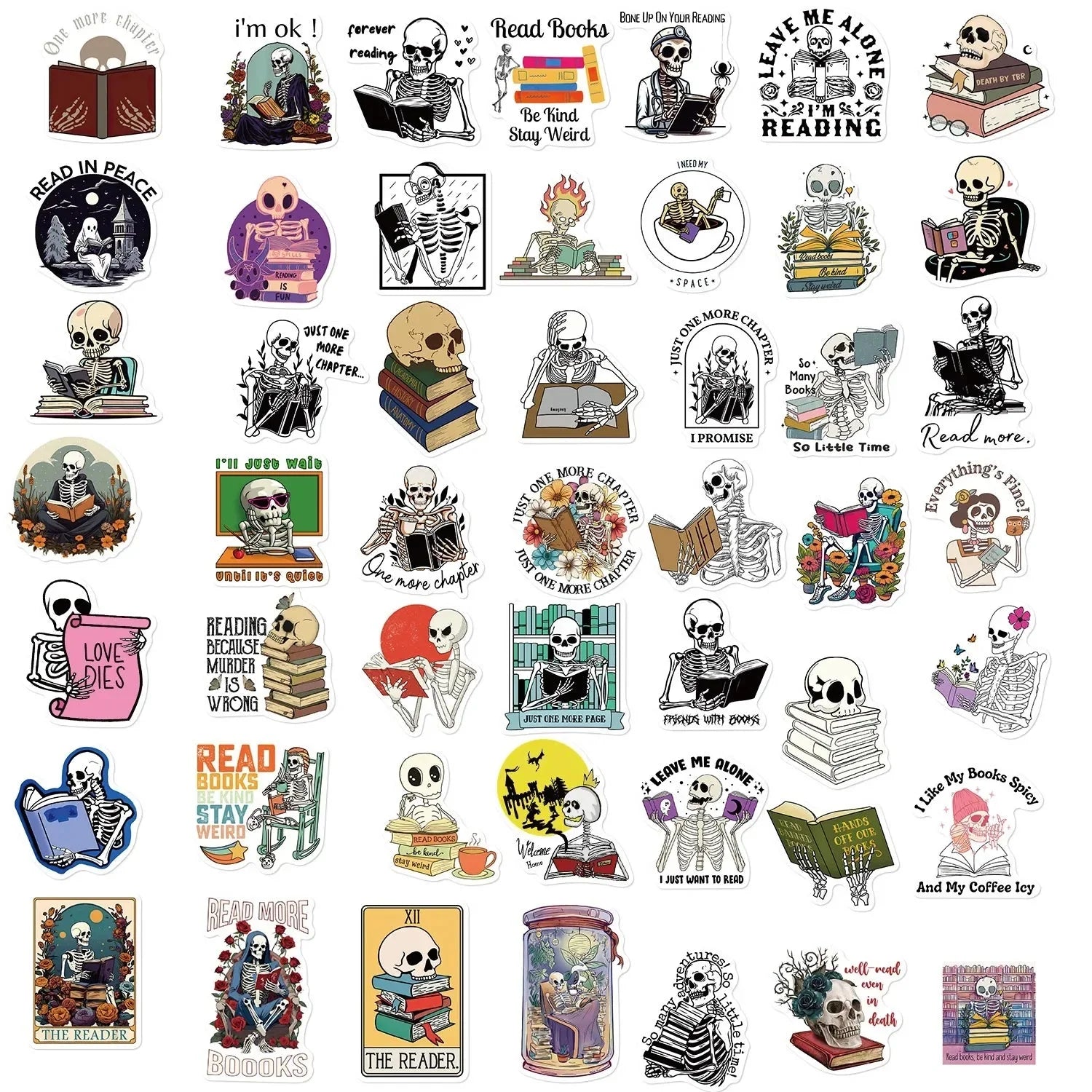Funny Skull Stickers – 50 Piece Pack of Skull Reading Books & Anime Style Decals Paper products