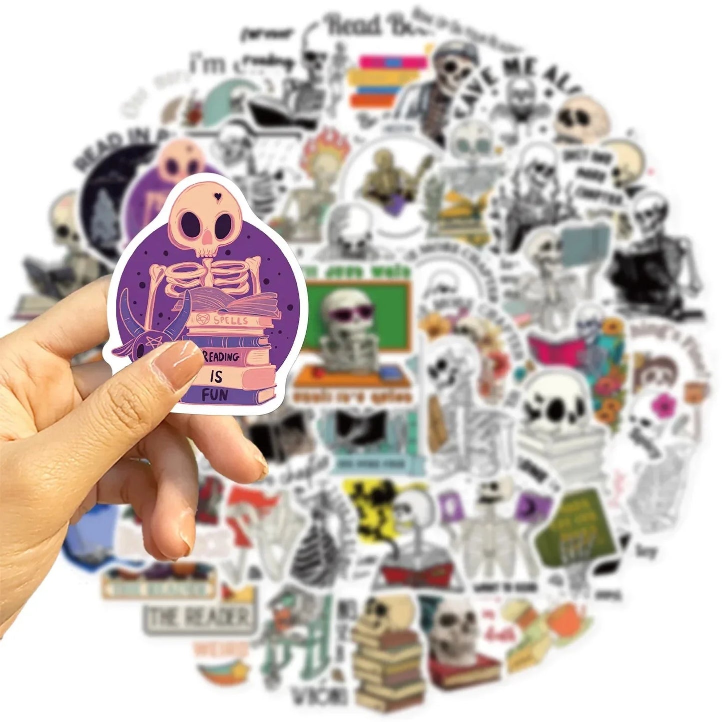 Funny Skull Stickers – 50 Piece Pack of Skull Reading Books & Anime Style Decals Paper products