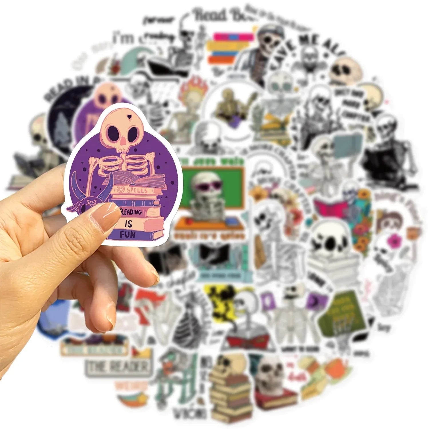 Funny Skull Stickers – 50 Piece Pack of Skull Reading Books & Anime Style Decals Paper products