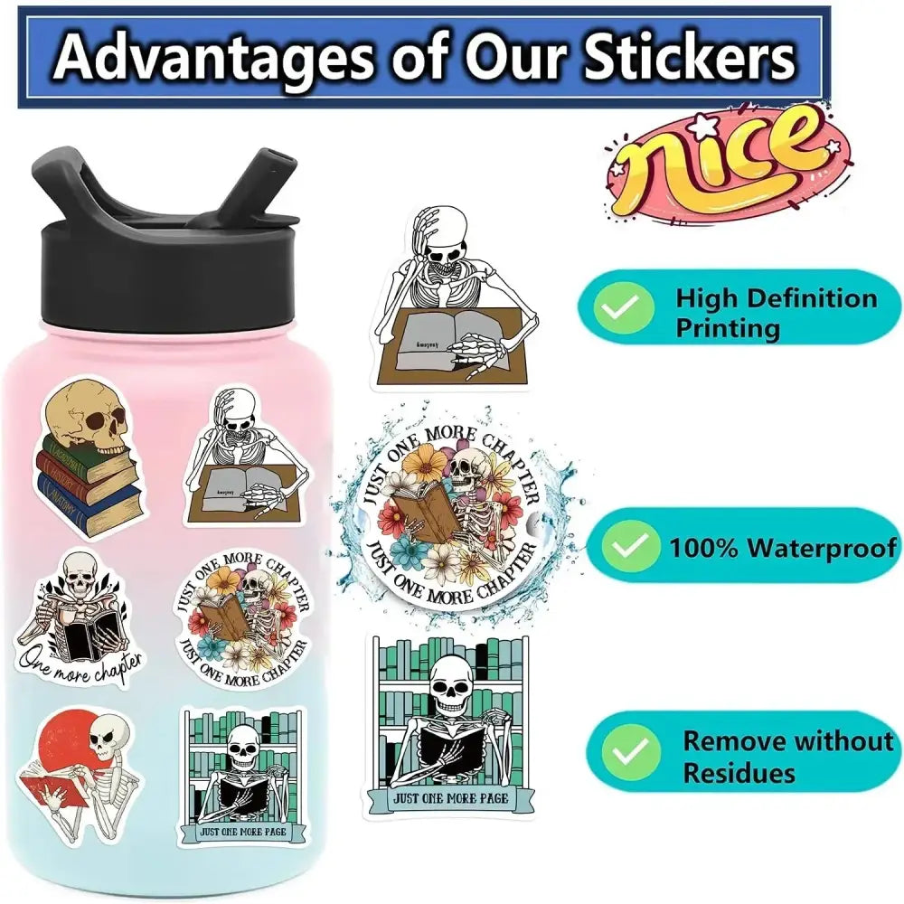 Funny Skull Stickers – 50 Piece Pack of Skull Reading Books & Anime Style Decals Paper products