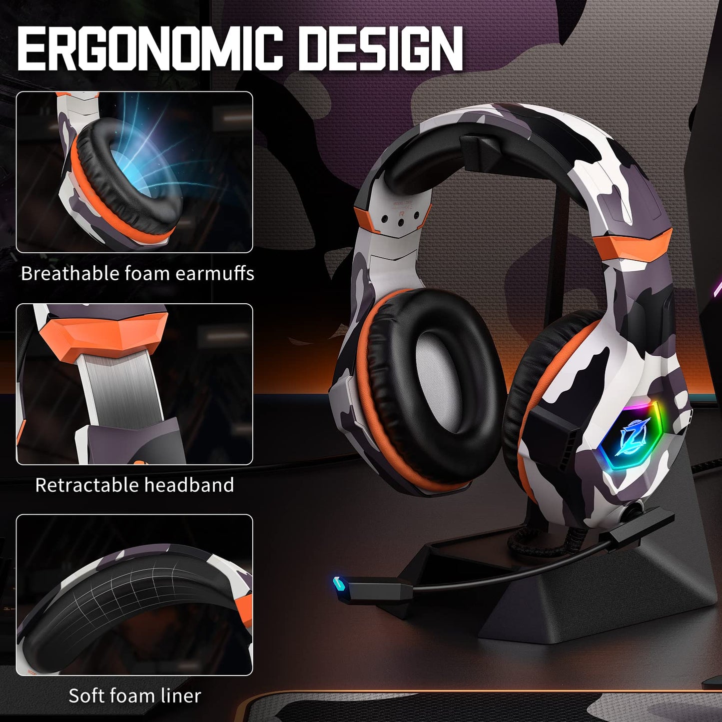Gaming Headset PS4 Headset, Xbox Headset with 7.1 Surround Sound, Gaming Headphones with Noise Cancelling Mic RGB Light Memory Earmuffs for PC, PS5, PS4, Xbox Series X/S, Xbox one, Switch - Gapo Goods - Computer PC Gaming Accessories