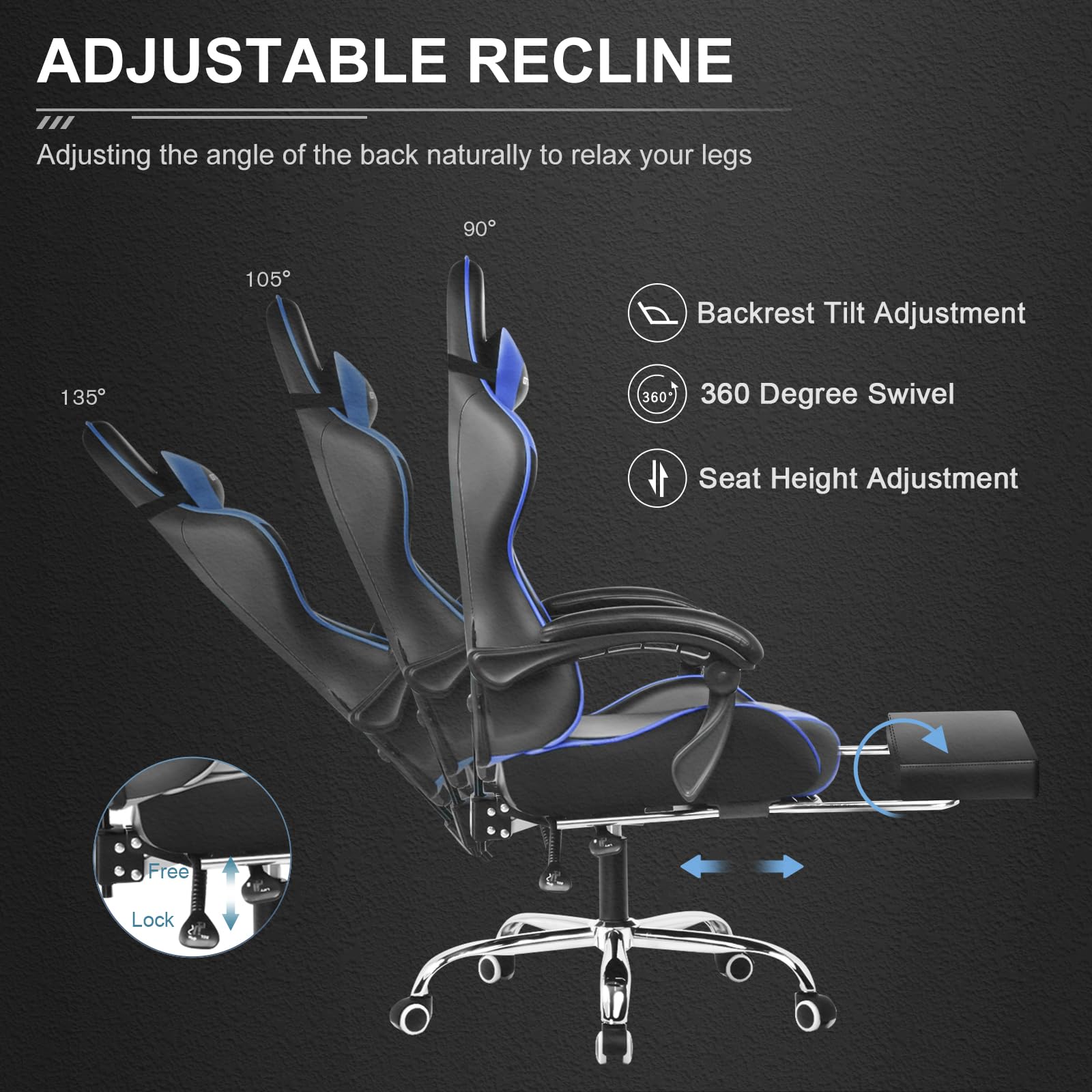 Gaming Chair With Footrest - Adjustable Computer Chair With Lumbar Support Seat & 360 Swivel Gaming Seat Gaming Accessories