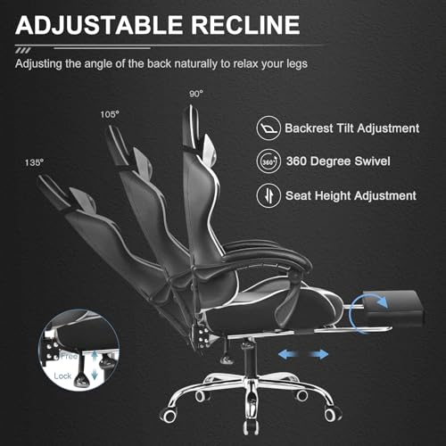 GTPLAYER Gaming Chair, Computer Chair with Footrest and Lumbar Support, Height Adjustable Game Chair with 360° - Swivel Seat and Headrest and for Office or Gaming (White) - Gapo Goods -