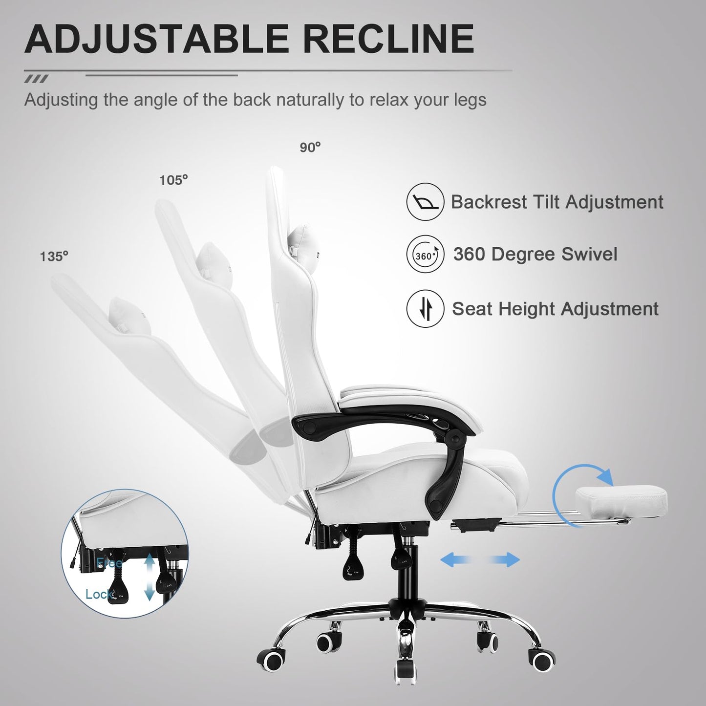 GTPLAYER Gaming Chair, Computer Chair with Footrest and Lumbar Support, Height Adjustable Game Chair with 360° - Swivel Seat and Headrest and for Office or Gaming (White) - Gapo Goods -