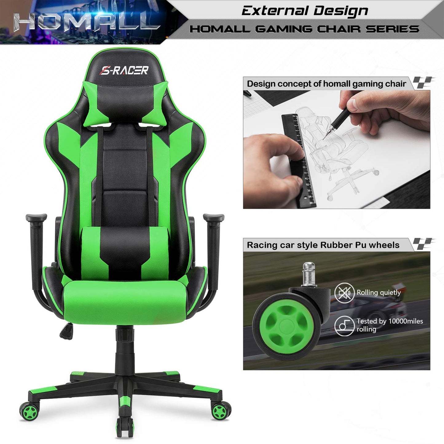 Homall Gaming Chair, Office Chair High Back Computer Chair Leather Desk Chair Racing Executive Ergonomic Adjustable Swivel Task Chair with Headrest and Lumbar Support (White) - Gapo Goods -