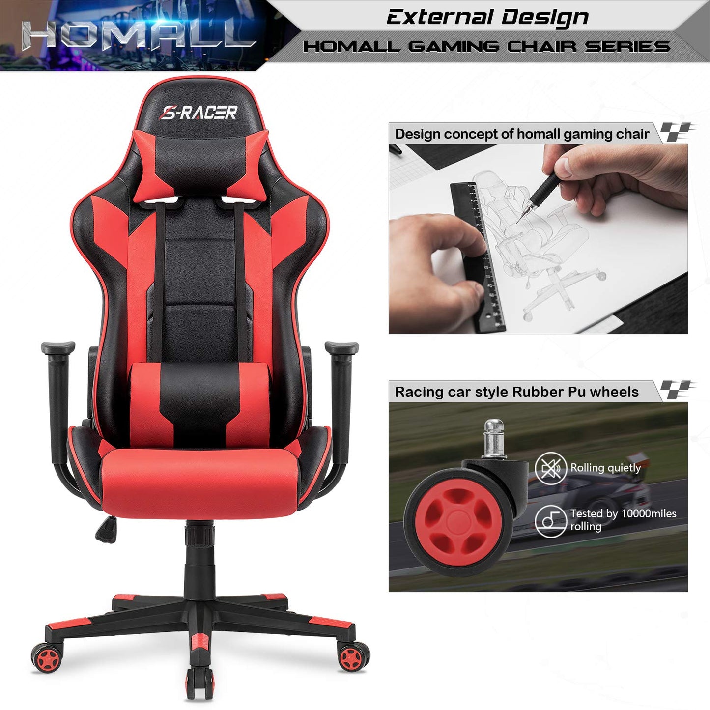 Homall Gaming Chair, Office Chair High Back Computer Chair Leather Desk Chair Racing Executive Ergonomic Adjustable Swivel Task Chair with Headrest and Lumbar Support (White) - Gapo Goods -
