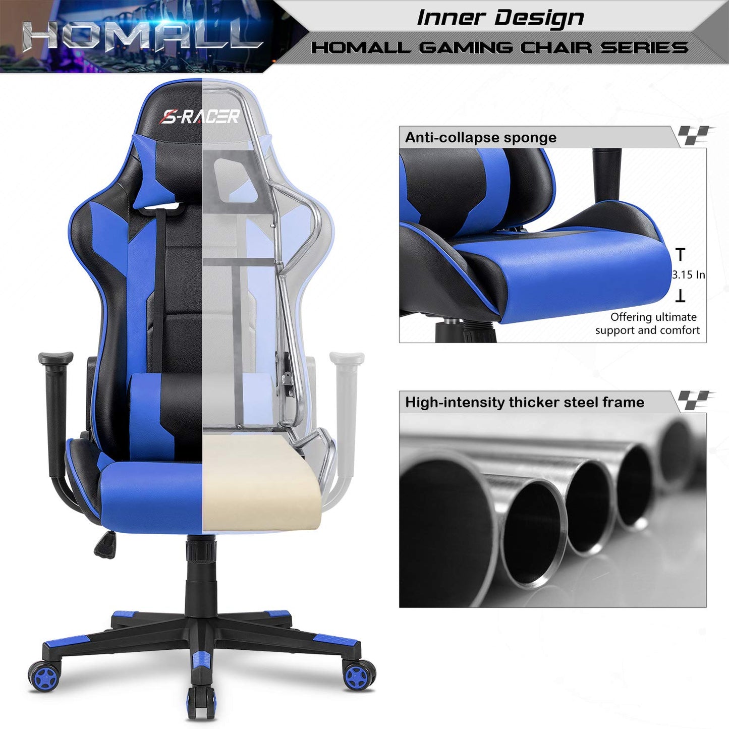 Homall Gaming Chair, Office Chair High Back Computer Chair Leather Desk Chair Racing Executive Ergonomic Adjustable Swivel Task Chair with Headrest and Lumbar Support (White) - Gapo Goods -