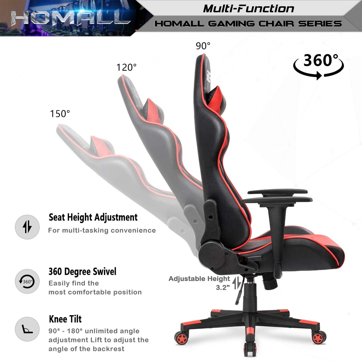 Homall Gaming Chair, Office Chair High Back Computer Chair Leather Desk Chair Racing Executive Ergonomic Adjustable Swivel Task Chair with Headrest and Lumbar Support (White) - Gapo Goods -