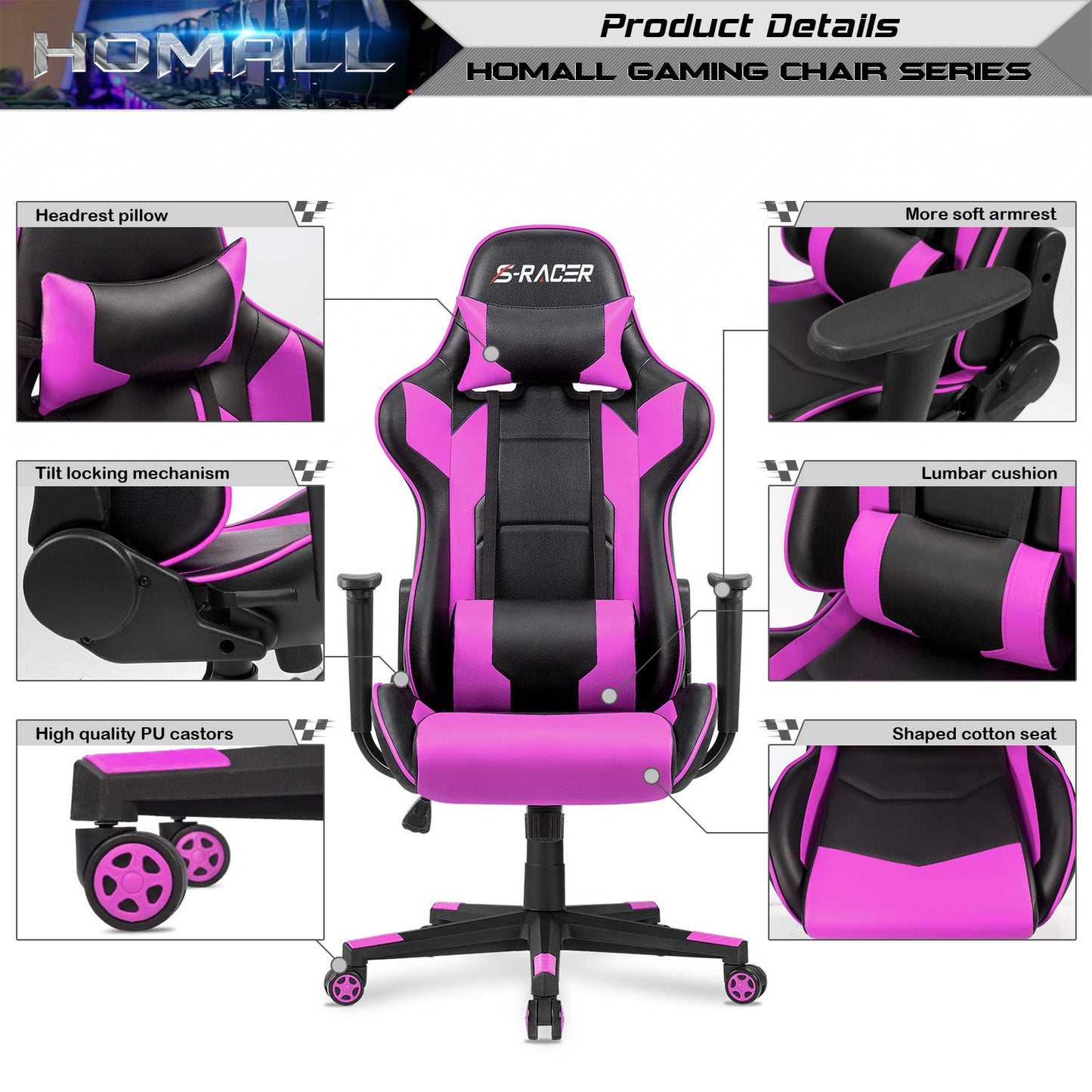 Homall Gaming Chair, Office Chair High Back Computer Chair Leather Desk Chair Racing Executive Ergonomic Adjustable Swivel Task Chair with Headrest and Lumbar Support (White) - Gapo Goods -