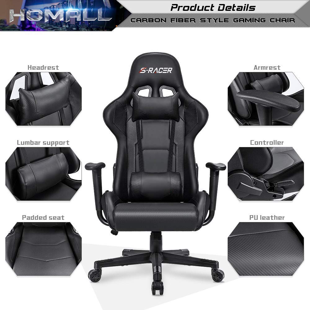 Homall Gaming Chair, Office Chair High Back Computer Chair Leather Desk Chair Racing Executive Ergonomic Adjustable Swivel Task Chair with Headrest and Lumbar Support (White) - Gapo Goods -