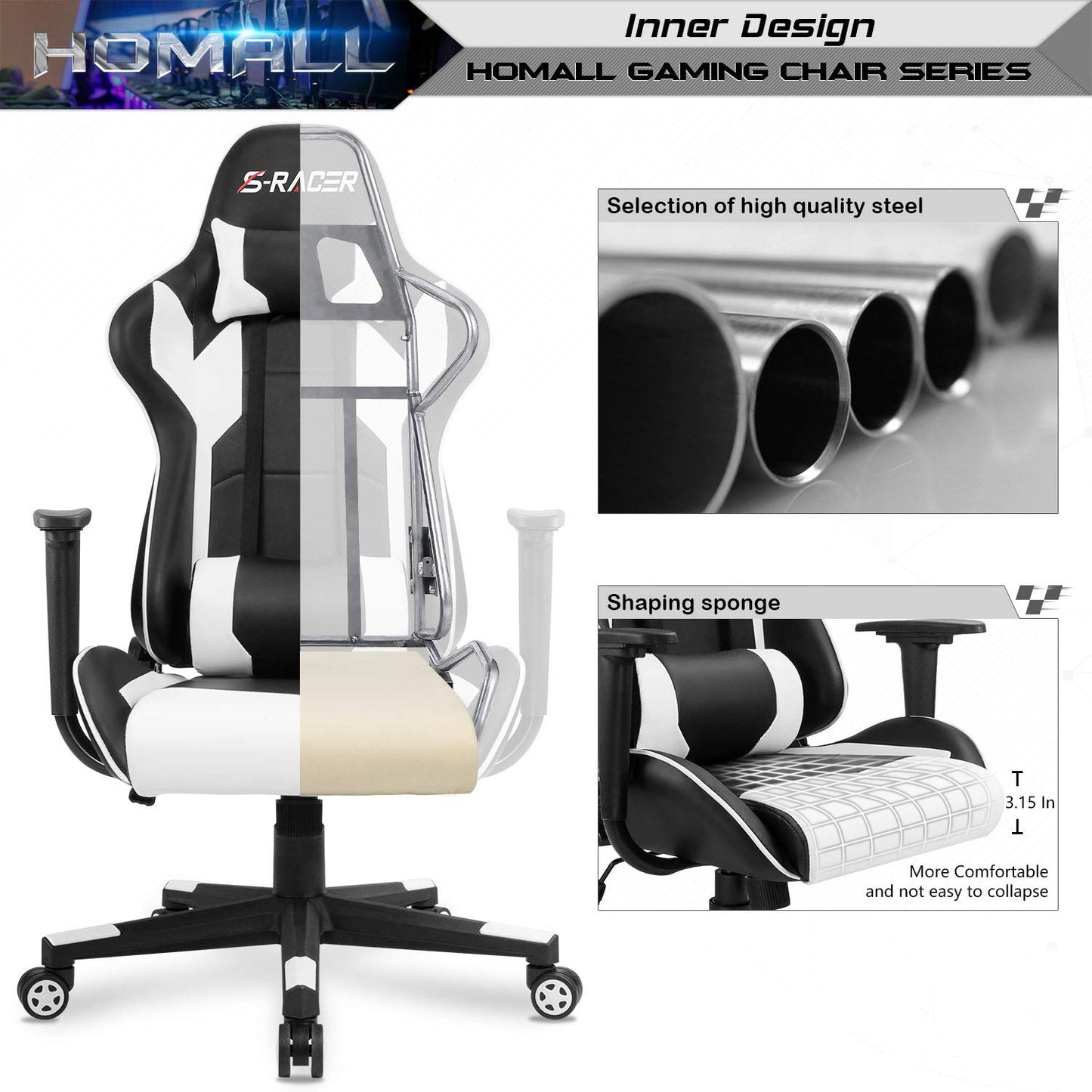 Homall Gaming Chair, Office Chair High Back Computer Chair Leather Desk Chair Racing Executive Ergonomic Adjustable Swivel Task Chair with Headrest and Lumbar Support (White) - Gapo Goods -