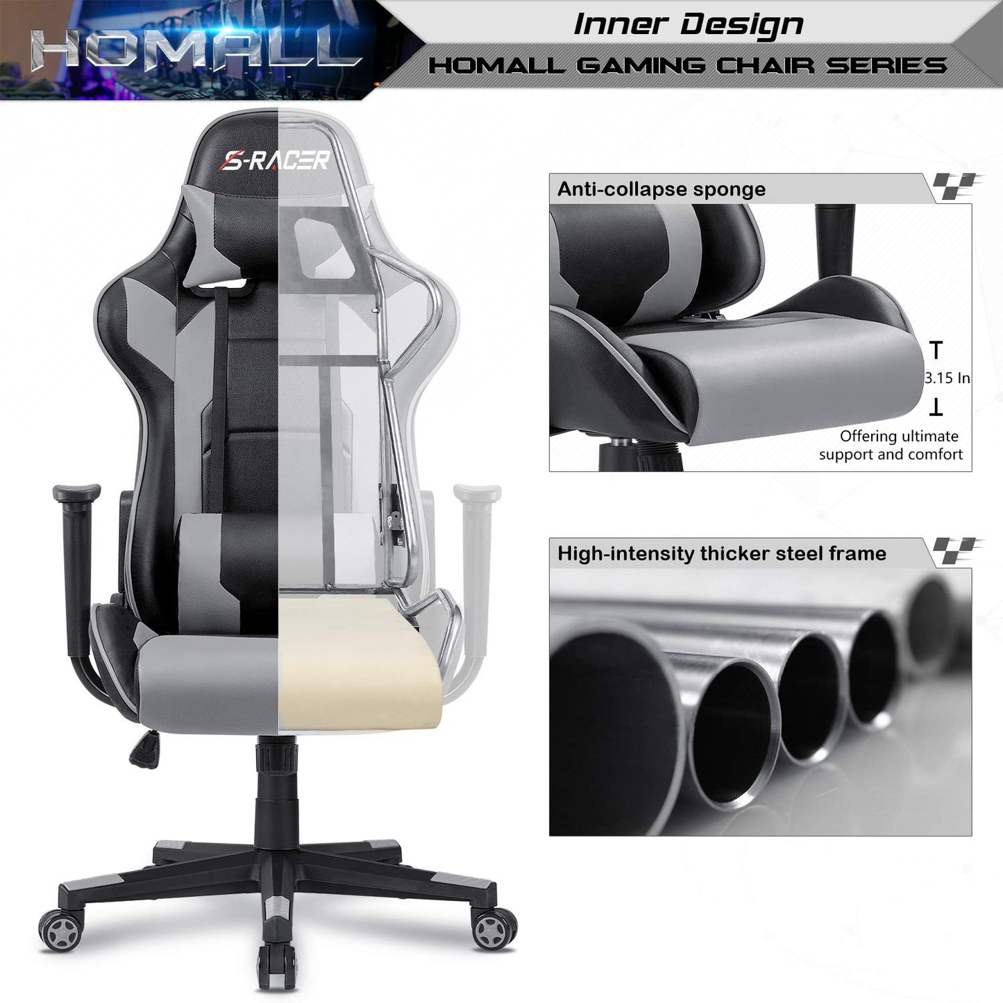 Homall Gaming Chair, Office Chair High Back Computer Chair Leather Desk Chair Racing Executive Ergonomic Adjustable Swivel Task Chair with Headrest and Lumbar Support (White) - Gapo Goods -