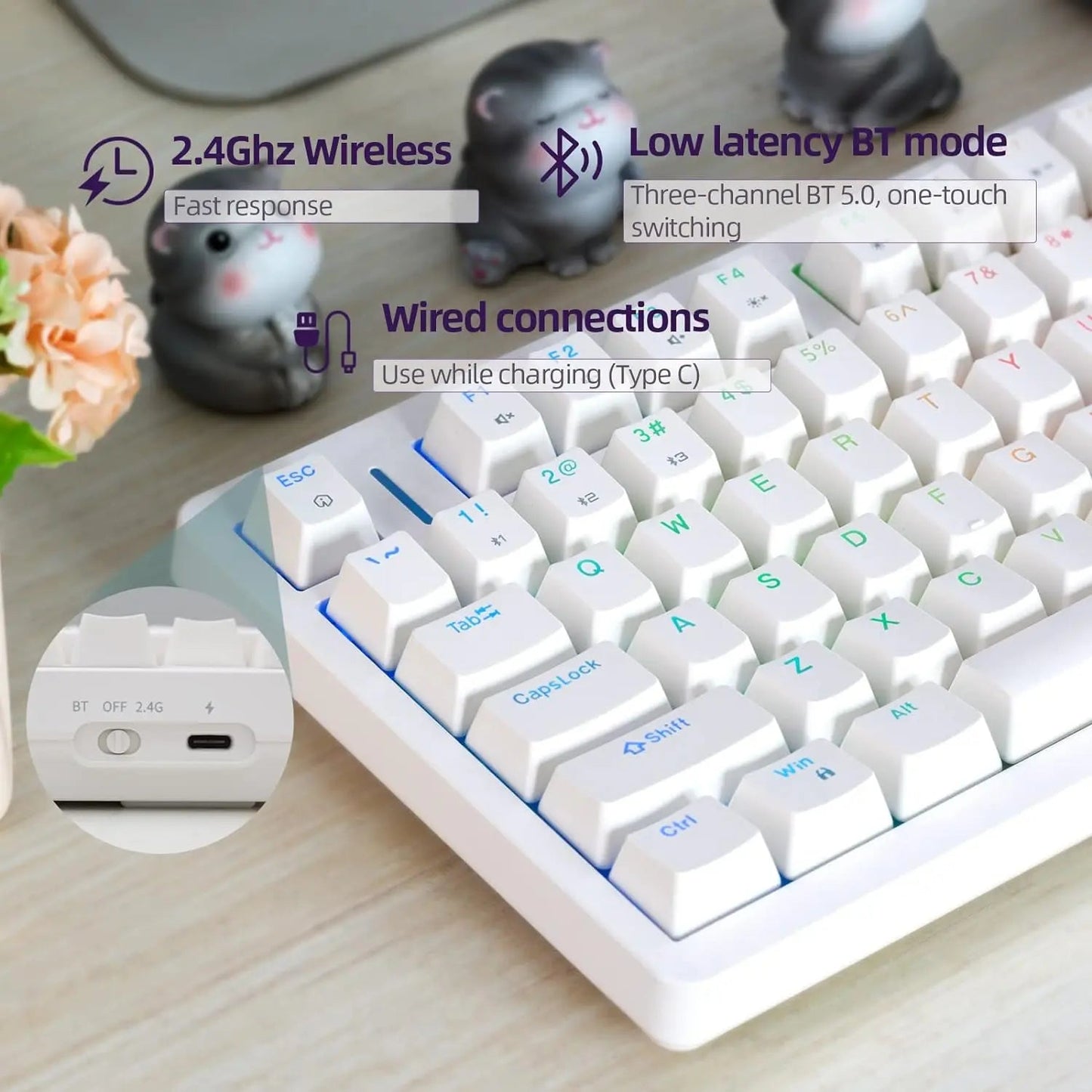 IROK FE75Pro Hot Swappable Mechanical Keyboard, Wireless TKL 75% RGB Customizable Backlit Gaming Keyboard, Bluetooth/2.4G/Wired for Windows PC Gamers - White/Blue - Gapo Goods -