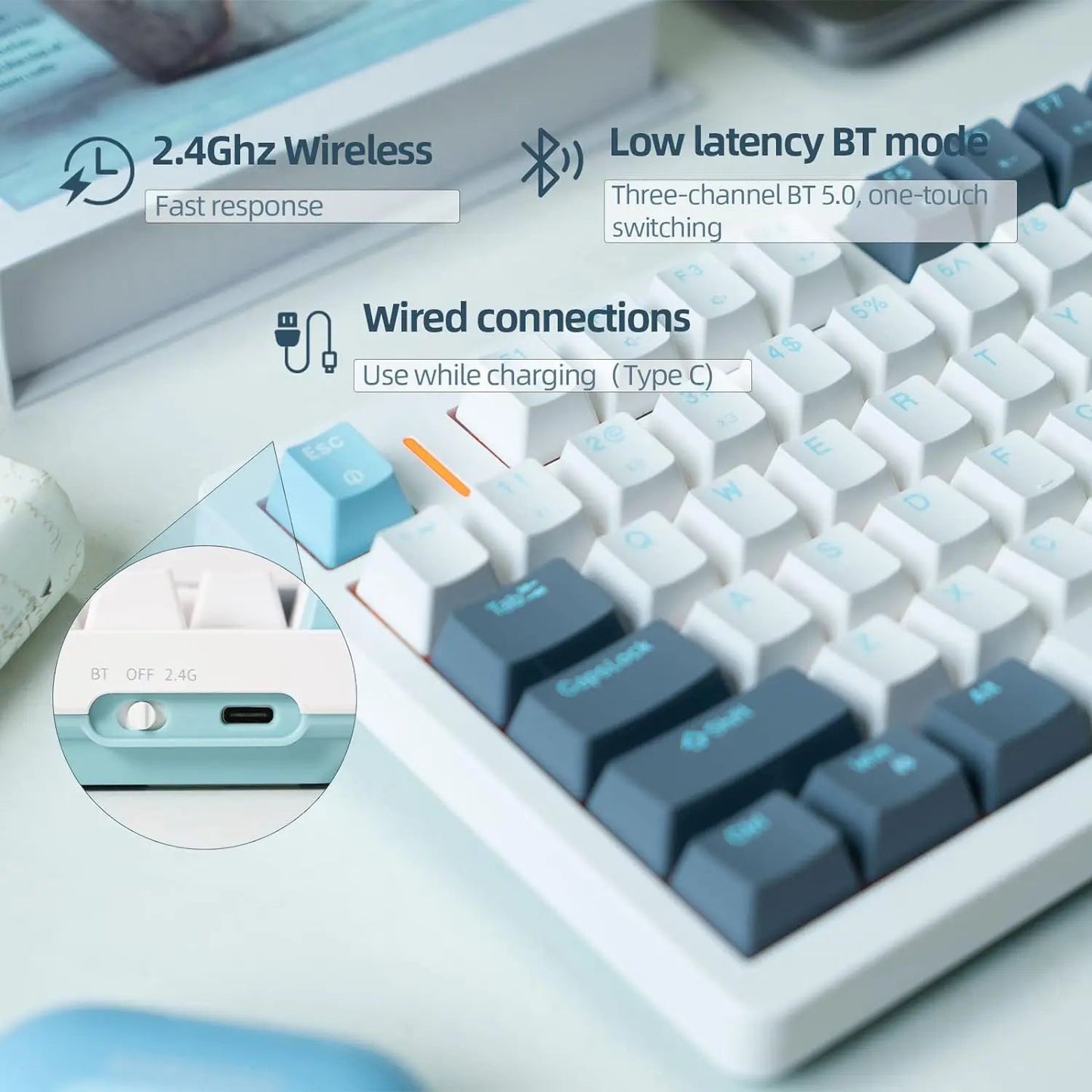 IROK FE75Pro Hot Swappable Mechanical Keyboard, Wireless TKL 75% RGB Customizable Backlit Gaming Keyboard, Bluetooth/2.4G/Wired for Windows PC Gamers - White/Blue - Gapo Goods -