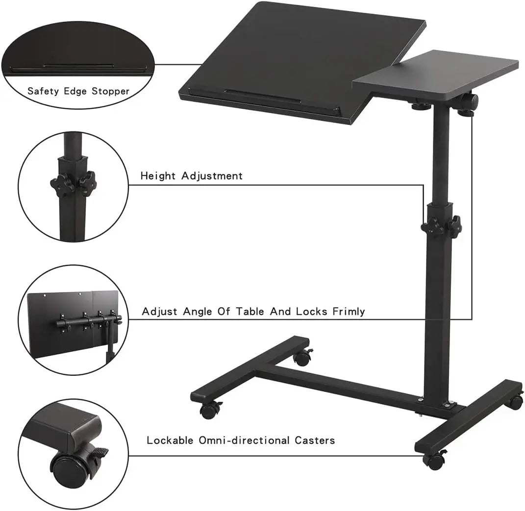 Mobile Laptop Stand - Adjustable Overbed Tray Table with Wheels | Rolling Bedside Desk Gaming Accessories