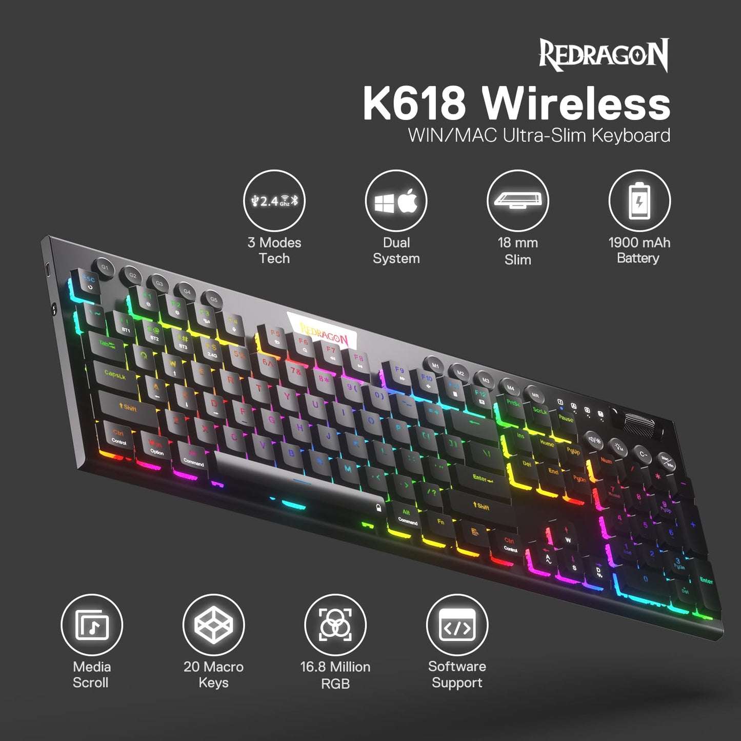 Redragon K618 Horus Wireless RGB Mechanical Keyboard, BT/2.4Ghz/Wired Tri - Mode Low Profile Gaming Keyboard w/Ultra - Thin Design, Dedicated Media Control & Linear Red Switch - Gapo Goods -