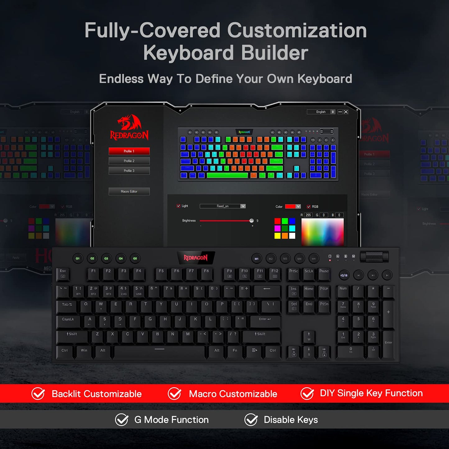 Redragon K618 Horus Wireless RGB Mechanical Keyboard, BT/2.4Ghz/Wired Tri - Mode Low Profile Gaming Keyboard w/Ultra - Thin Design, Dedicated Media Control & Linear Red Switch - Gapo Goods -