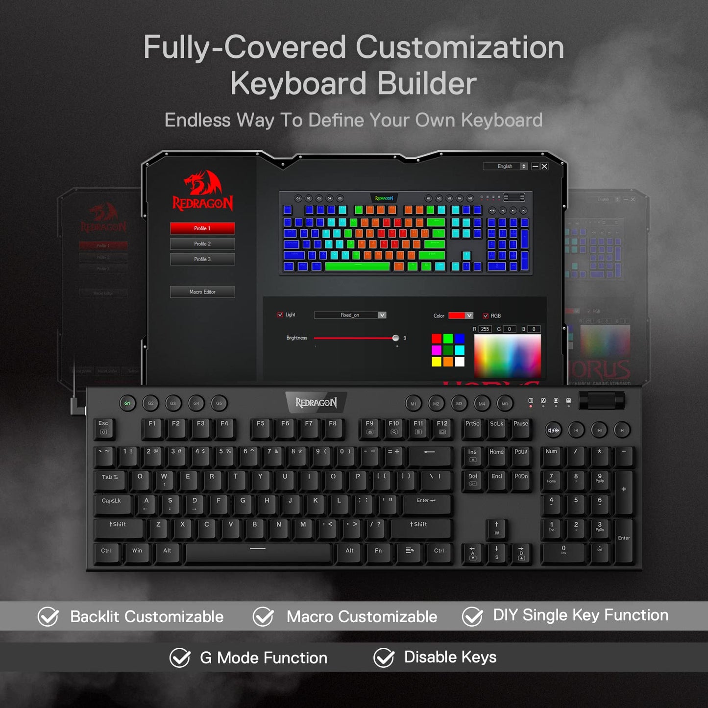 Redragon K618 Horus Wireless RGB Mechanical Keyboard, BT/2.4Ghz/Wired Tri - Mode Low Profile Gaming Keyboard w/Ultra - Thin Design, Dedicated Media Control & Linear Red Switch - Gapo Goods -