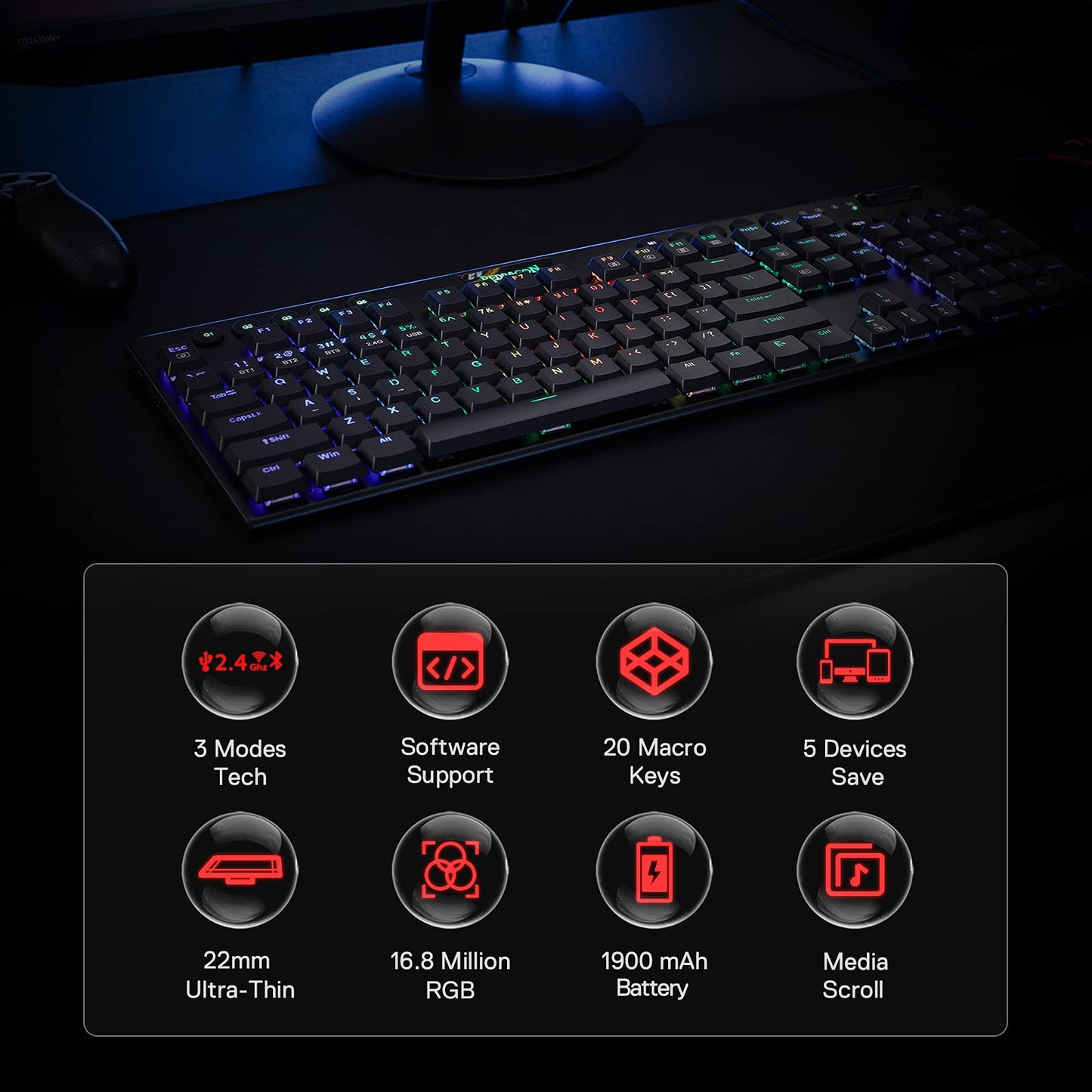 Redragon K618 Horus Wireless RGB Mechanical Keyboard, BT/2.4Ghz/Wired Tri - Mode Low Profile Gaming Keyboard w/Ultra - Thin Design, Dedicated Media Control & Linear Red Switch - Gapo Goods -
