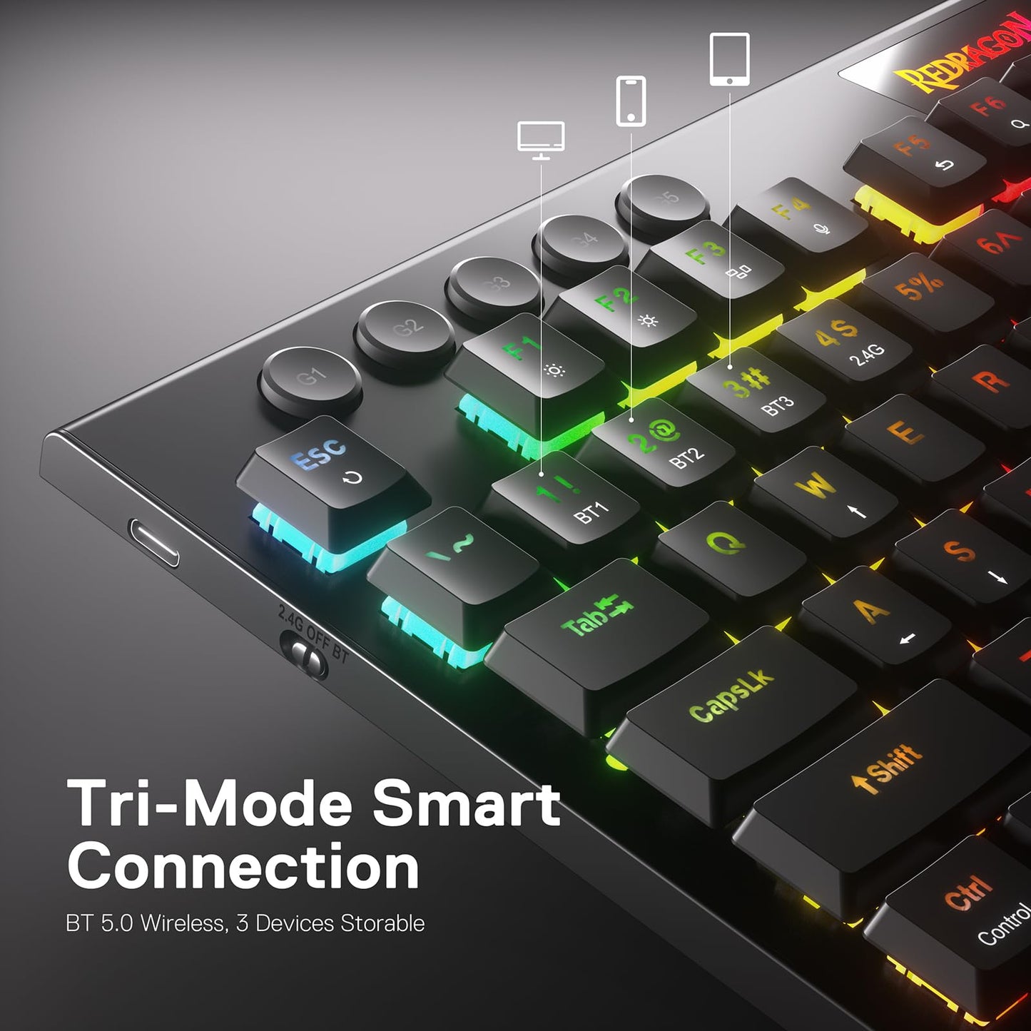 Redragon K618 Horus Wireless RGB Mechanical Keyboard, BT/2.4Ghz/Wired Tri - Mode Low Profile Gaming Keyboard w/Ultra - Thin Design, Dedicated Media Control & Linear Red Switch - Gapo Goods -