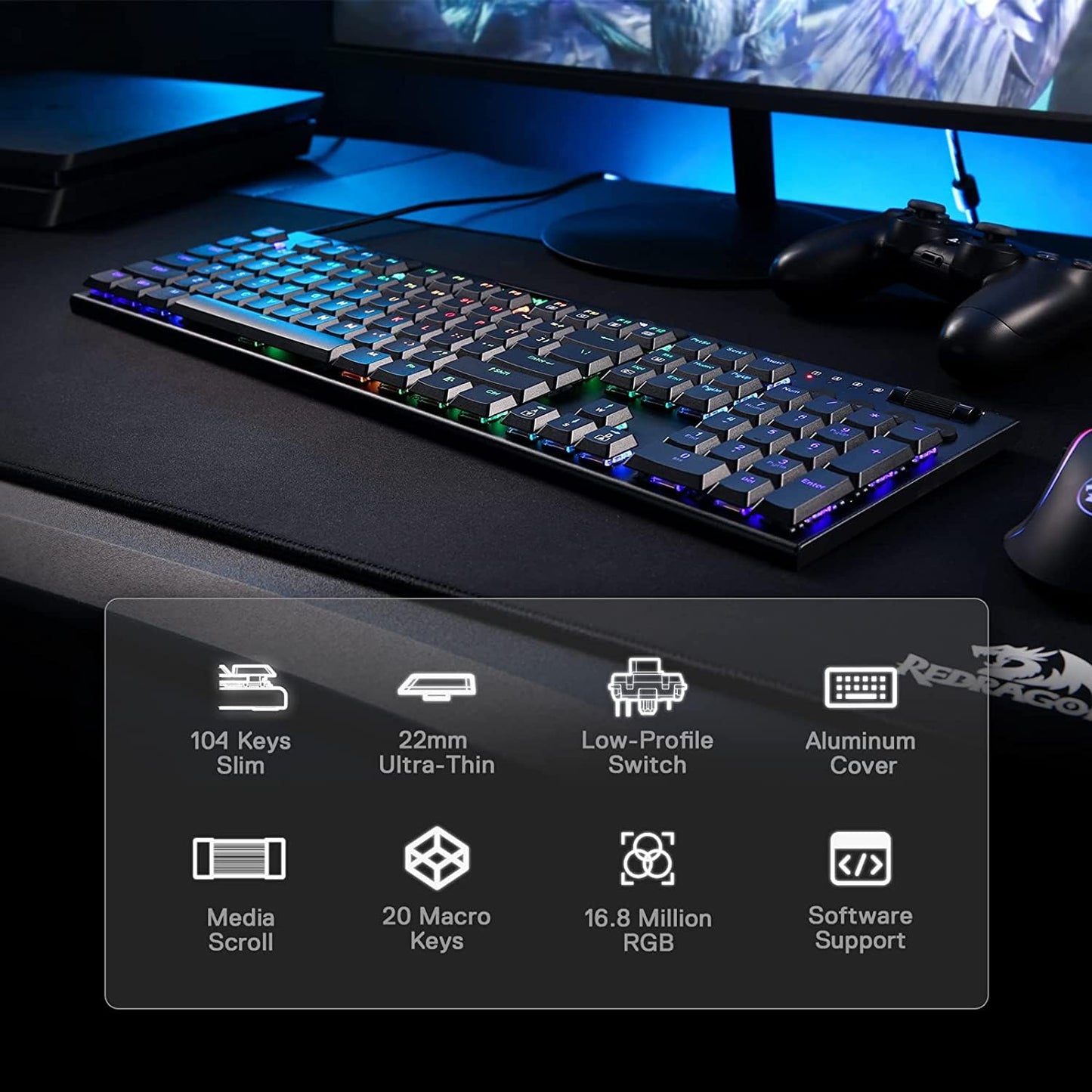 Redragon K618 Horus Wireless RGB Mechanical Keyboard, BT/2.4Ghz/Wired Tri - Mode Low Profile Gaming Keyboard w/Ultra - Thin Design, Dedicated Media Control & Linear Red Switch - Gapo Goods -