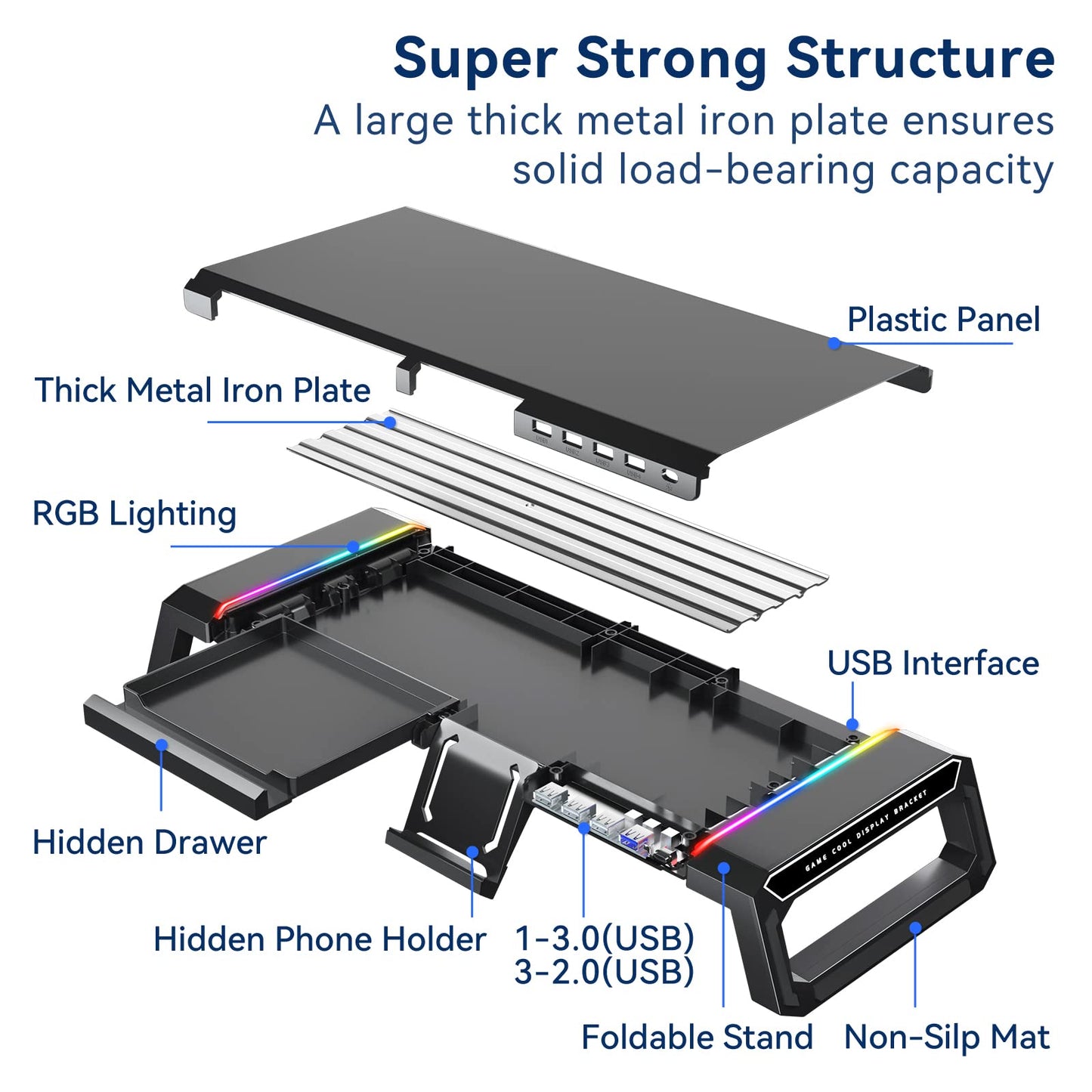 RGB Gaming Computer Monitor Stand Riser with Drawer,Storage and Phone Holder - 1 USB 3.0 and 3 USB 2.0 Hub, 3 Length Adjustable