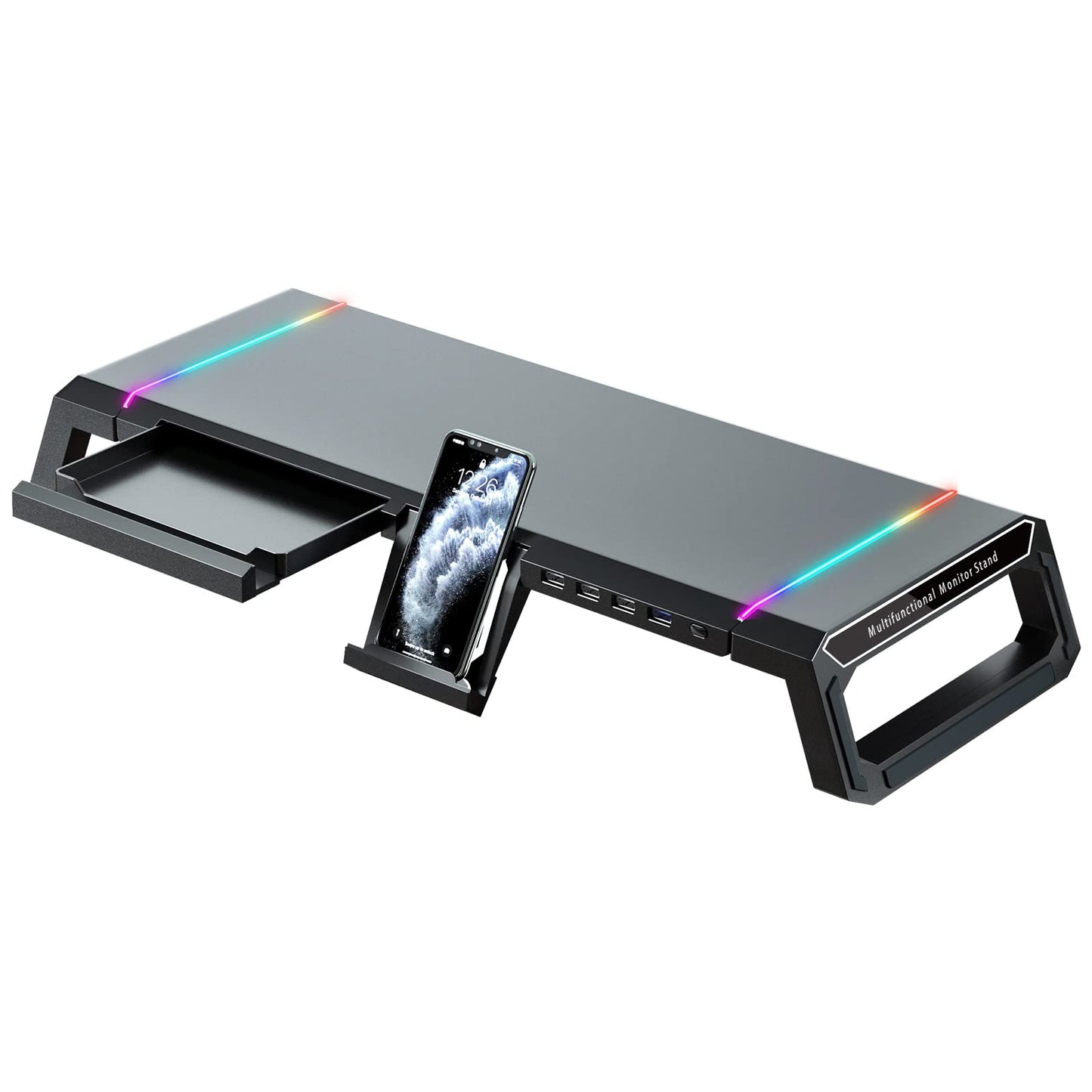 RGB Gaming Computer Monitor Stand Riser with Drawer,Storage and Phone Holder - 1 USB 3.0 and 3 USB 2.0 Hub, 3 Length Adjustable 1 USB 3.0+3 USB 2.0