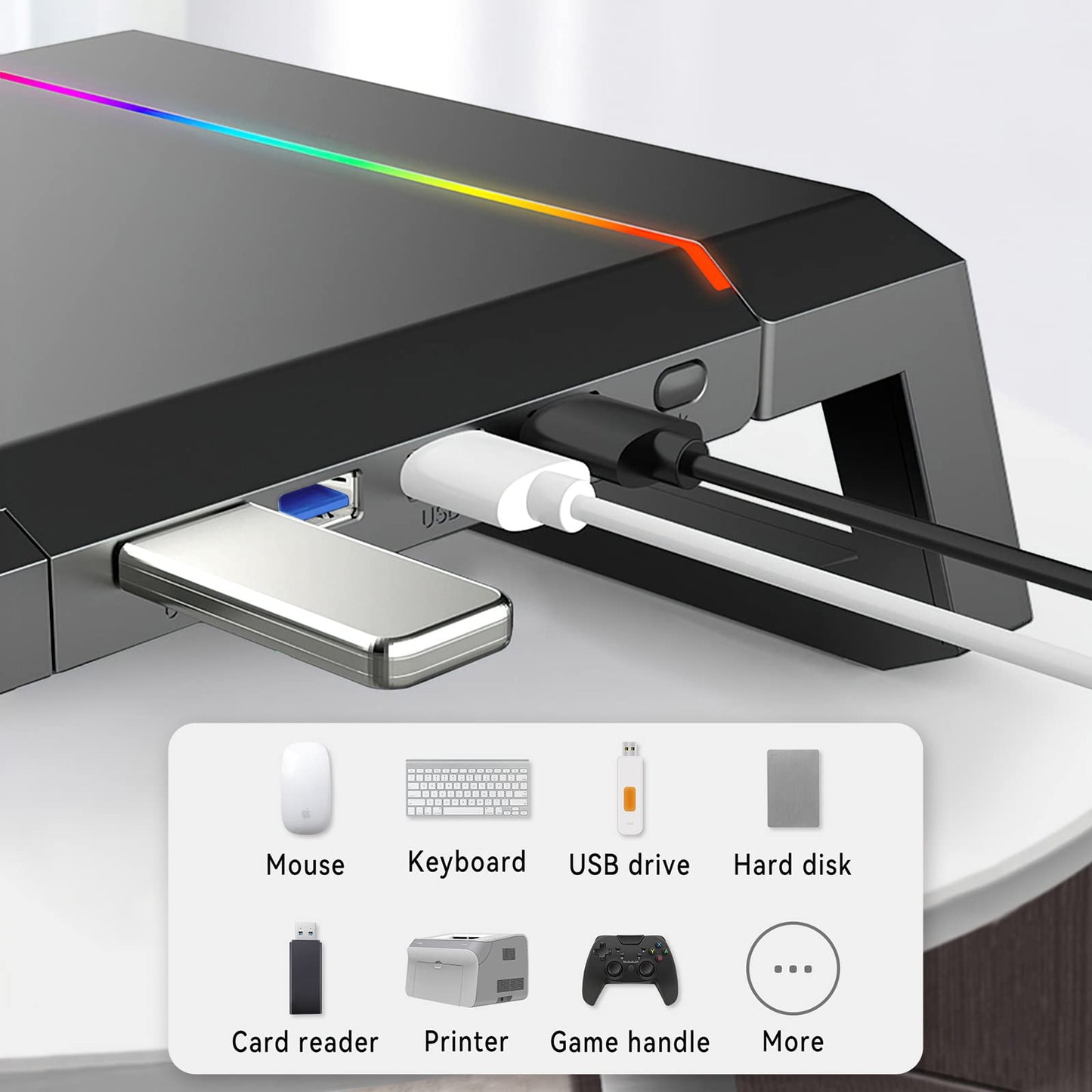 RGB Gaming Computer Monitor Stand Riser with Drawer,Storage and Phone Holder - 1 USB 3.0 and 3 USB 2.0 Hub, 3 Length Adjustable