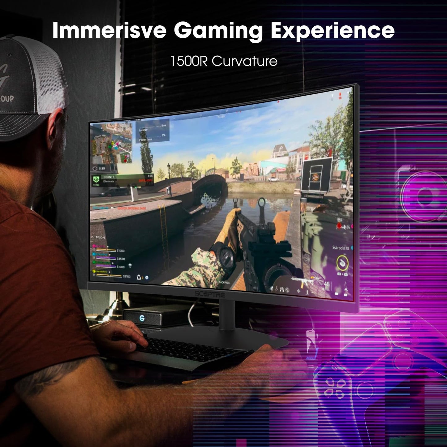Sceptre Curved 24 - inch Gaming Monitor 1080p R1500 98% sRGB HDMI x2 VGA Build - in Speakers, VESA Wall Mount Machine Black (C248W - 1920RN Series) - Gapo Goods -