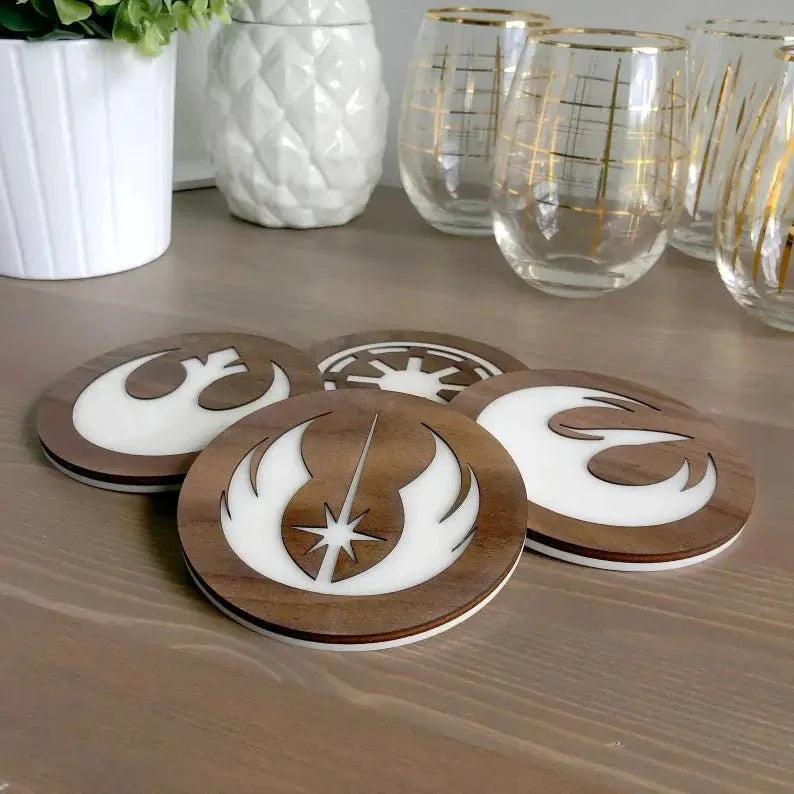Star Wars Coasters – Walnut & Acrylic Laser Cut Movie Symbol Set for Fans Collectible