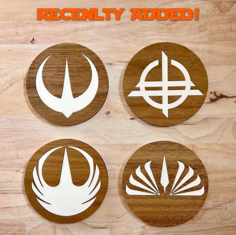 Star Wars Coasters – Walnut & Acrylic Laser Cut Movie Symbol Set for Fans Collectible