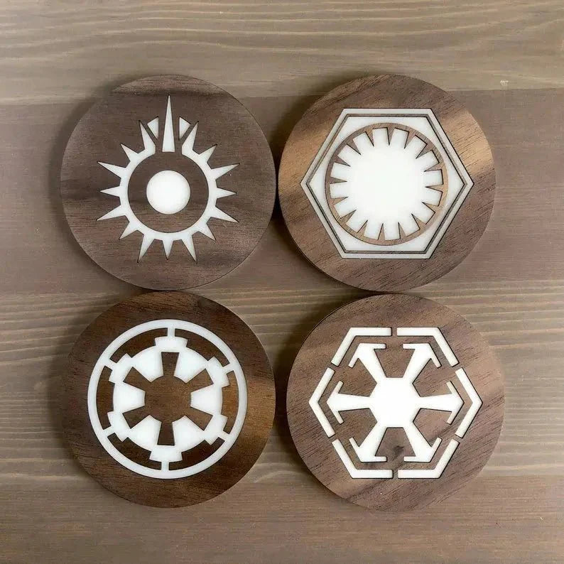 Star Wars Coasters – Walnut & Acrylic Laser Cut Movie Symbol Set for Fans Collectible