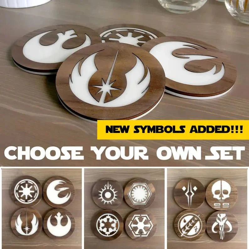 Star Wars Coasters – Walnut & Acrylic Laser Cut Movie Symbol Set for Fans Collectible