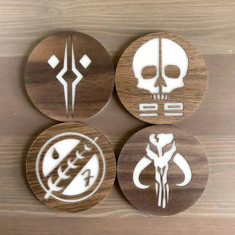 Star Wars Coasters – Walnut & Acrylic Laser Cut Movie Symbol Set for Fans Collectible