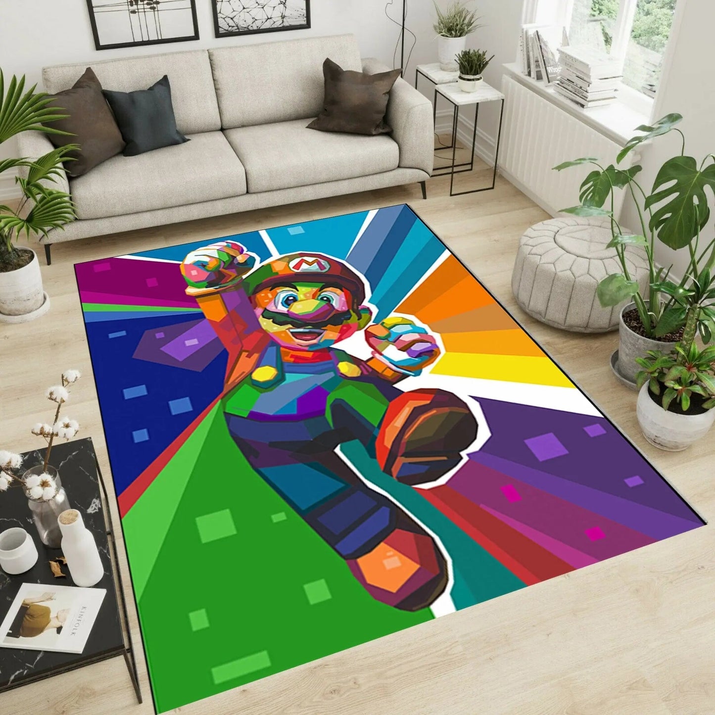 Colorful Super Mario area rug with geometric design, featuring iconic character in vibrant hues, perfect for gaming-themed decor.