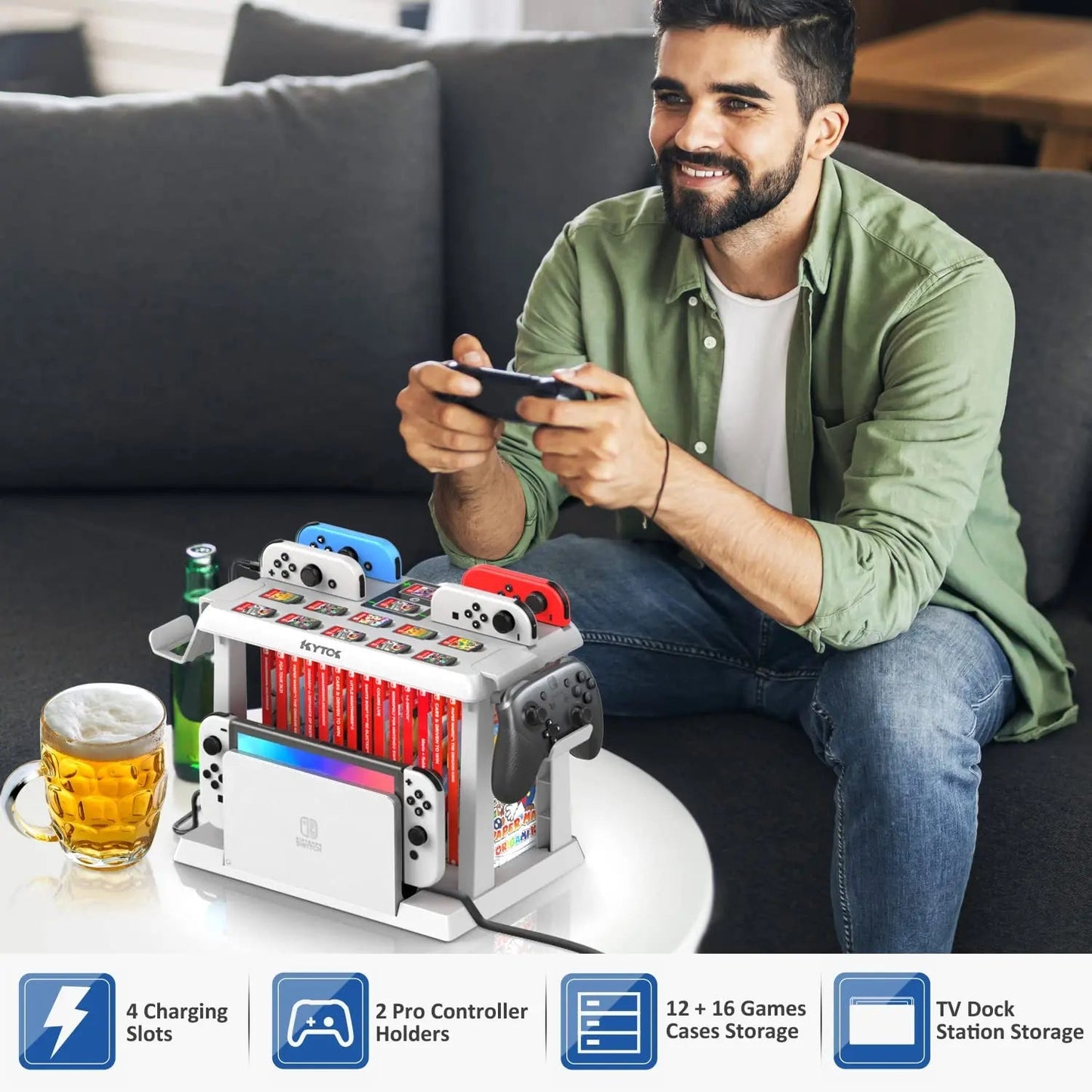 Switch Games Organizer Station with Controller Charger, Charging Dock for Nintendo Switch & OLED Joycons, Kytok Switch Storage and Organizer for Games, TV Dock, Pro Controller, Accessories Kit - Gapo Goods -