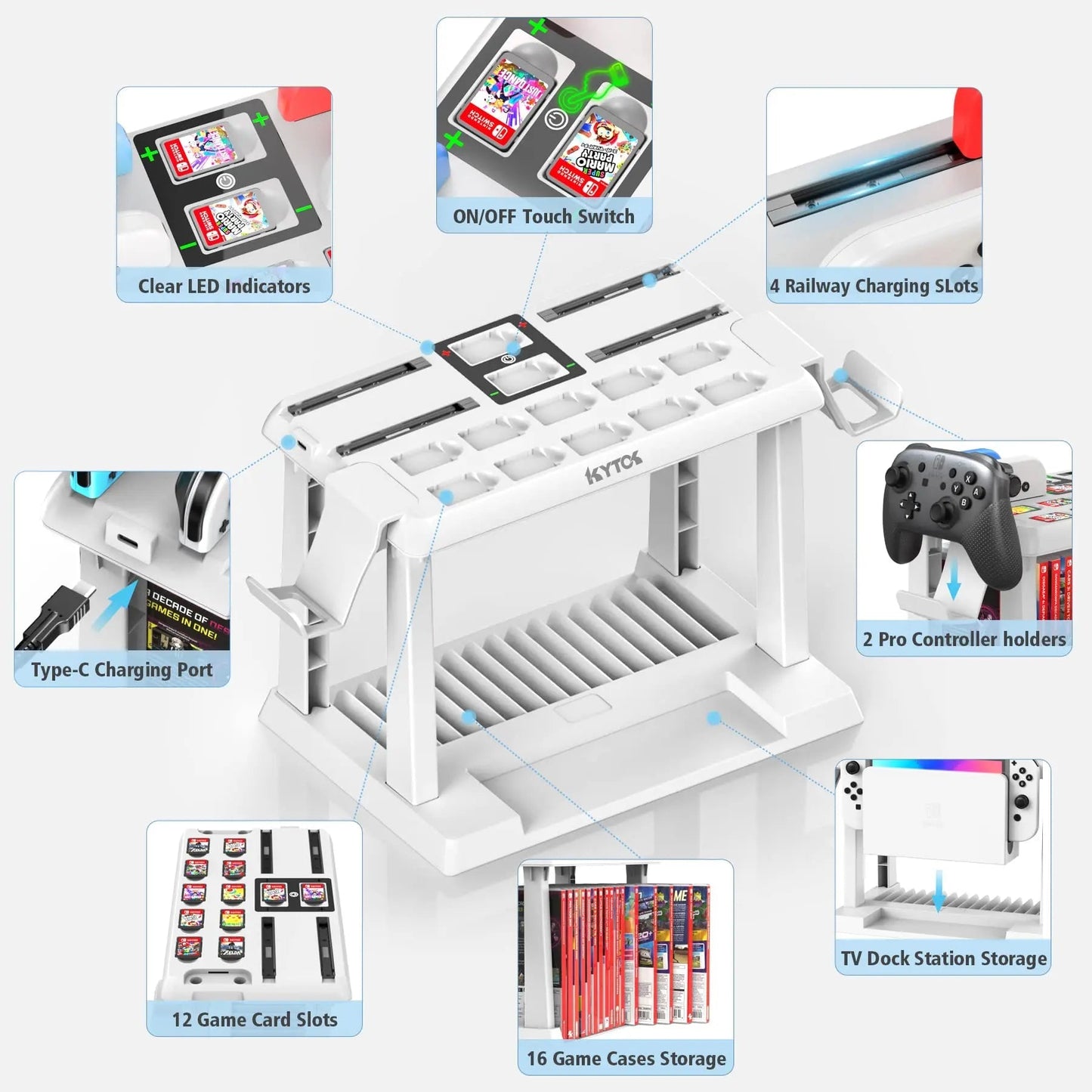 Switch Games Organizer Station with Controller Charger, Charging Dock for Nintendo Switch & OLED Joycons, Kytok Switch Storage and Organizer for Games, TV Dock, Pro Controller, Accessories Kit - Gapo Goods -