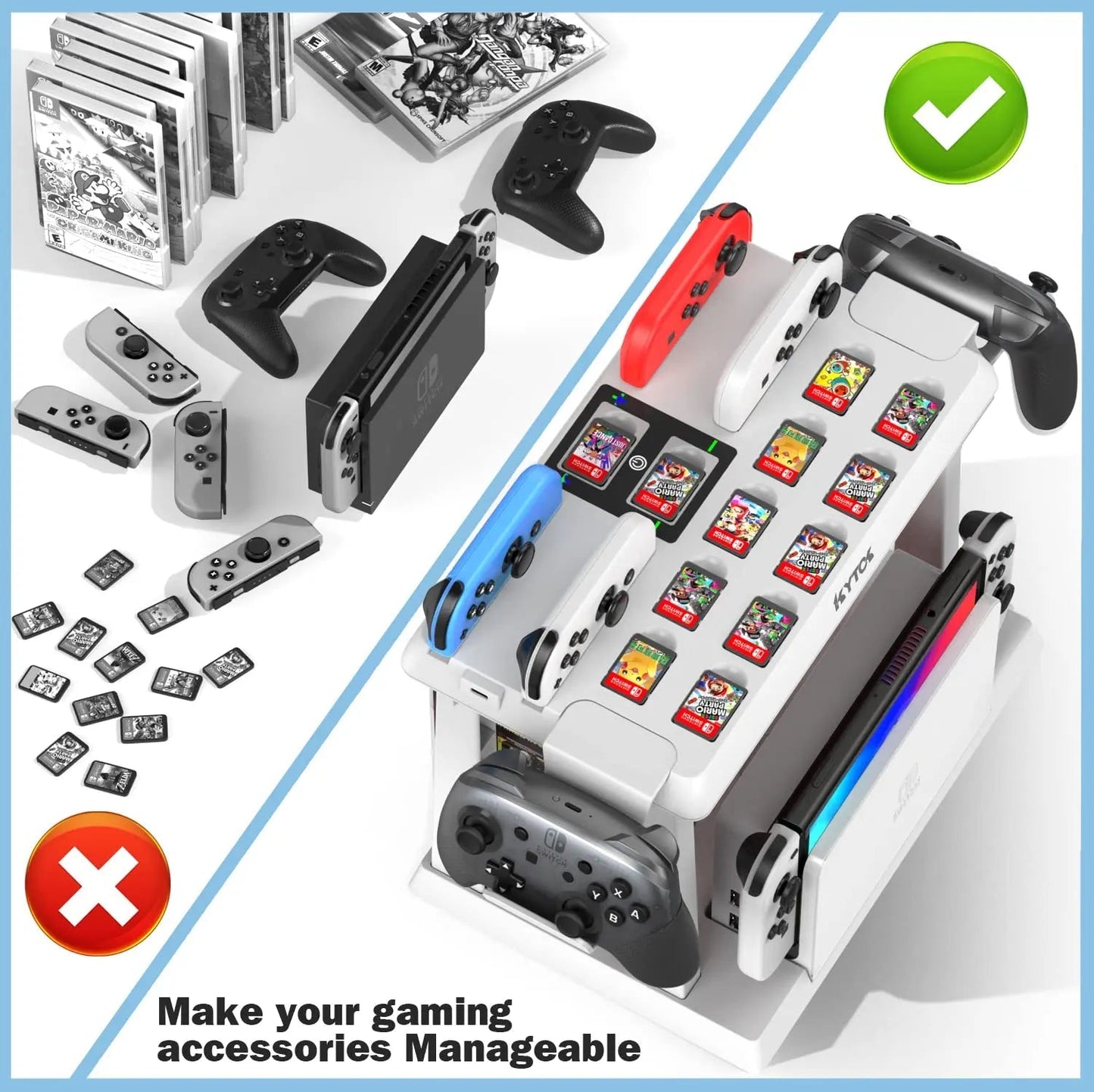 Switch Games Organizer Station with Controller Charger, Charging Dock for Nintendo Switch & OLED Joycons, Kytok Switch Storage and Organizer for Games, TV Dock, Pro Controller, Accessories Kit - Gapo Goods -